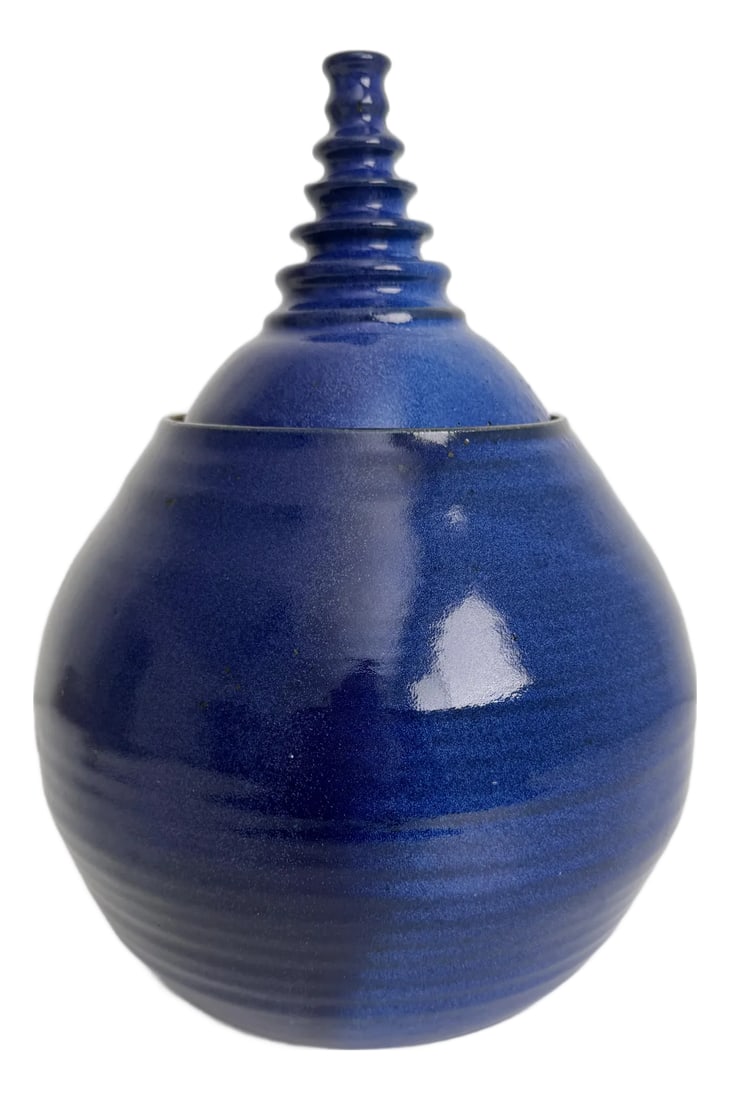Vintage Cobalt Blue Modernist Ceramic Lidded Pot, Artist Signed: Postmodern, Memphis inspired ceramic earthenware lidded pot or canister featuring a rich cobalt blue glaze and ribbed handle. Artist signed. Condition: Alterations: Original Condition Unaltered Imperf