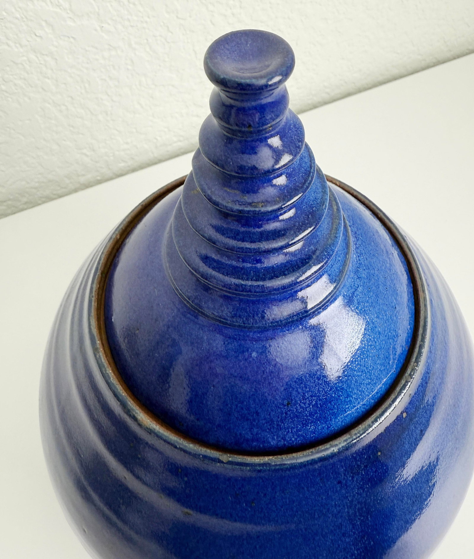 Vintage Cobalt Blue Modernist Ceramic Lidded Pot, Artist Signed - 2