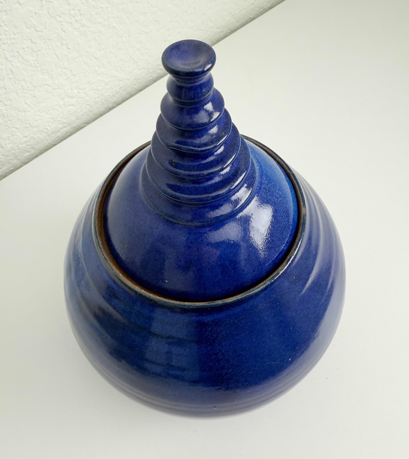 Vintage Cobalt Blue Modernist Ceramic Lidded Pot, Artist Signed - 8