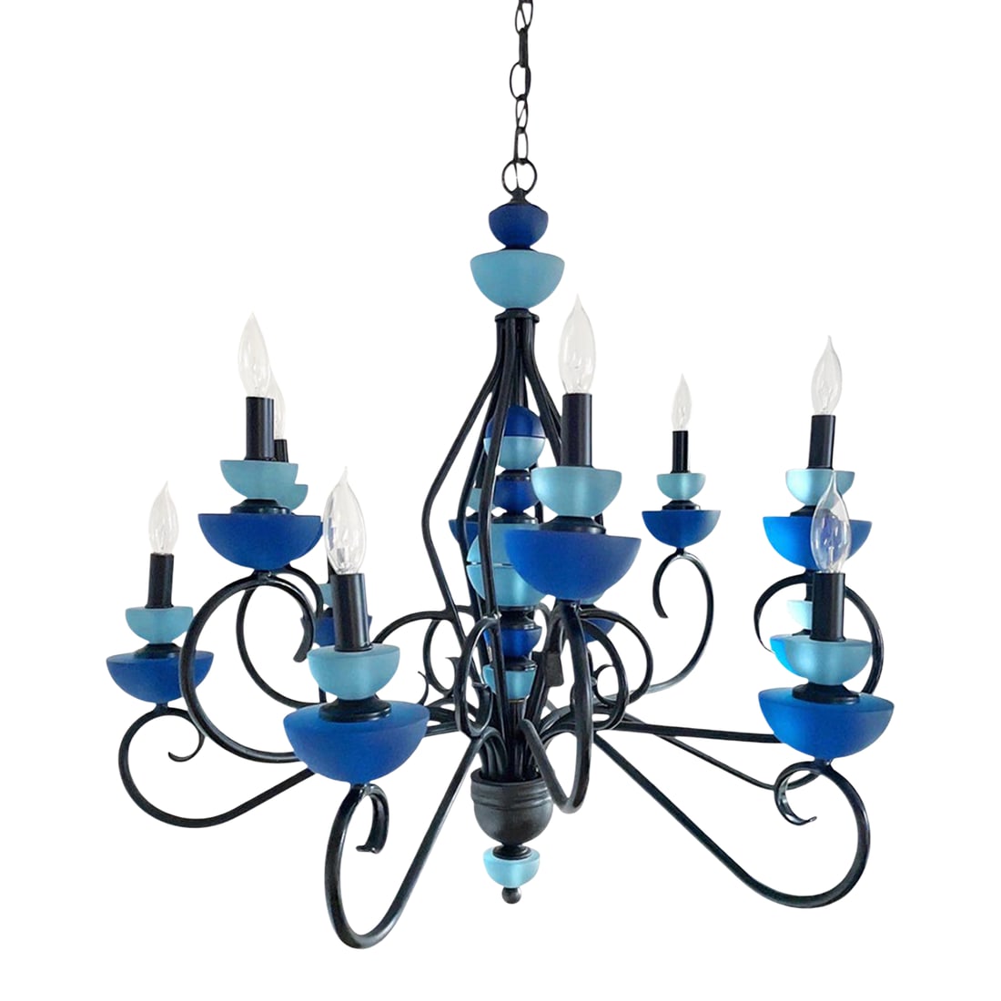 1980s Hivo Van Teal Lucite Chandelier: Vintage wrought iron Hivo Van Teal chandelier featuring handcrafted juicy blue lucite and twelve handmade gold gilt paper shades that are still in their original wrapping. Shades are 4.5" in height