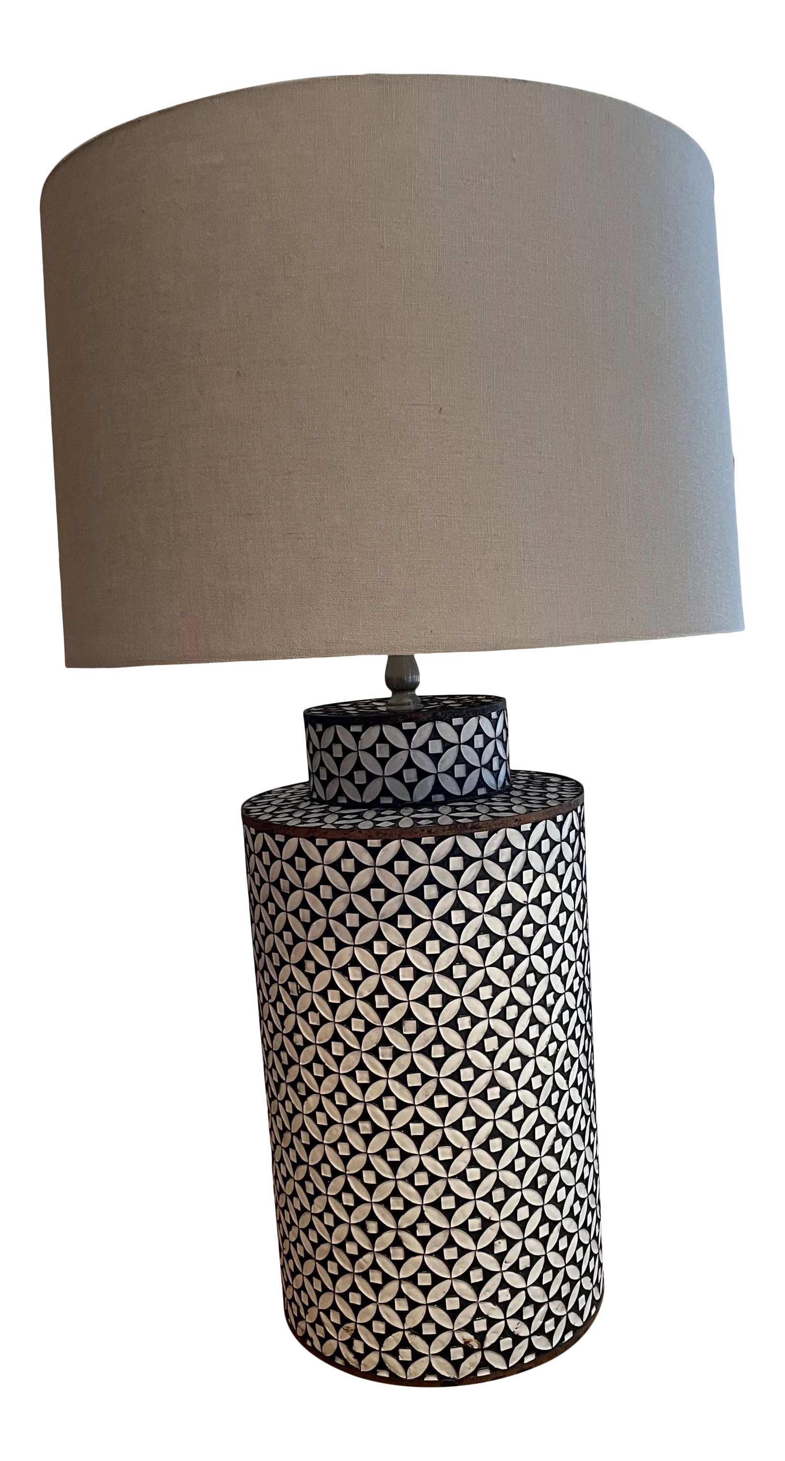 Contemporary Black & White Table Light: Early 2000's unknown maker cylinder style, metal base with linen shades purchased at an estate sale This table lamp has black and white circle details on the base. Lamp shade is circular and grey. The