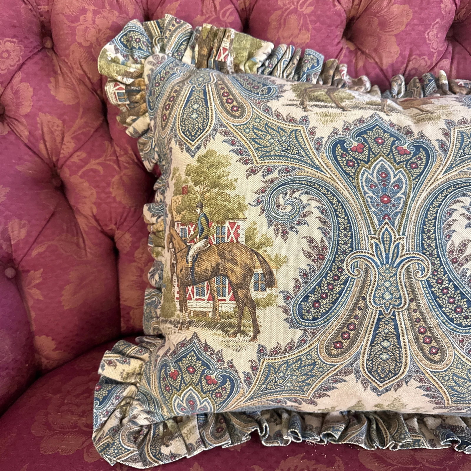 Large Equestrian Toile Down Filled Pillow - 2