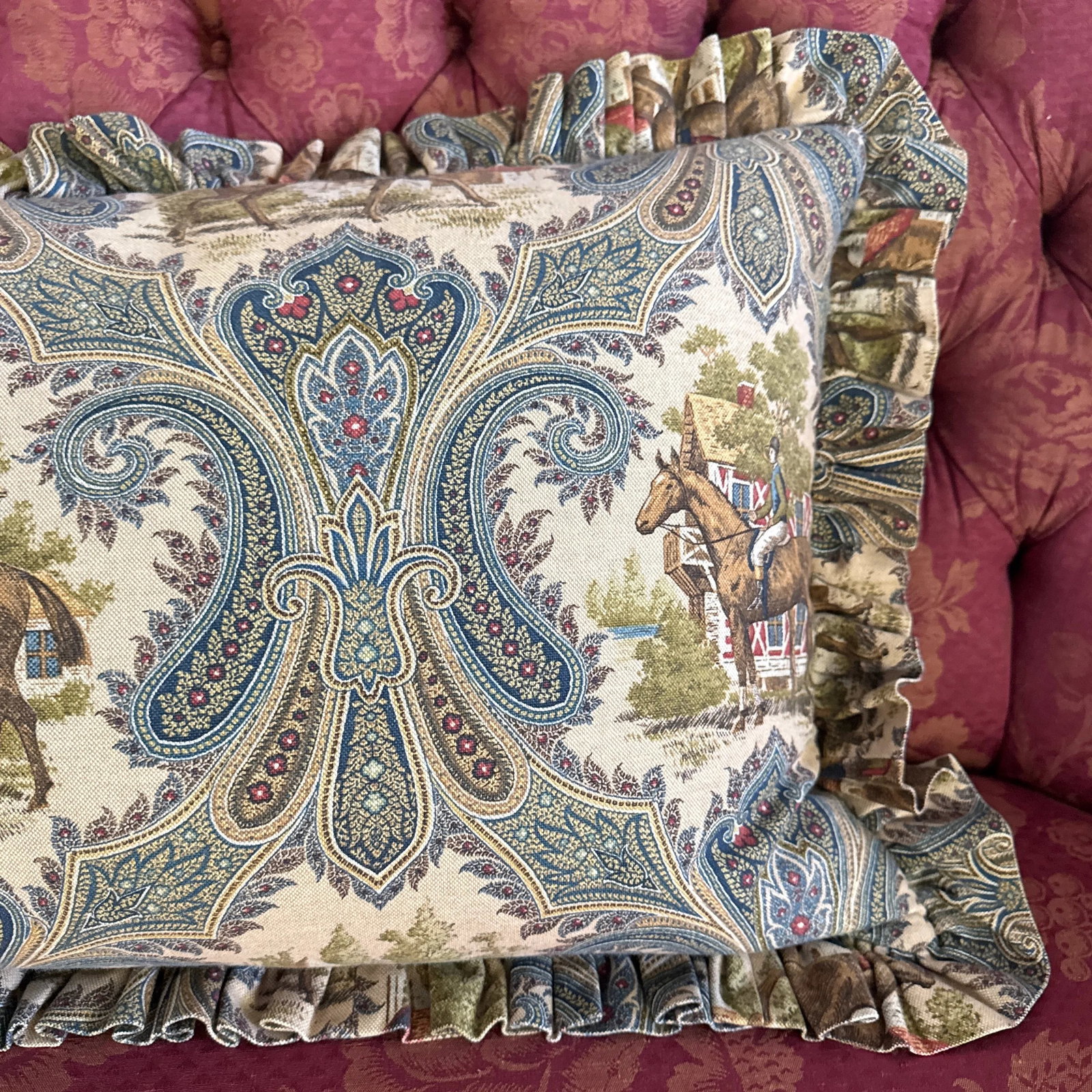 Large Equestrian Toile Down Filled Pillow - 4