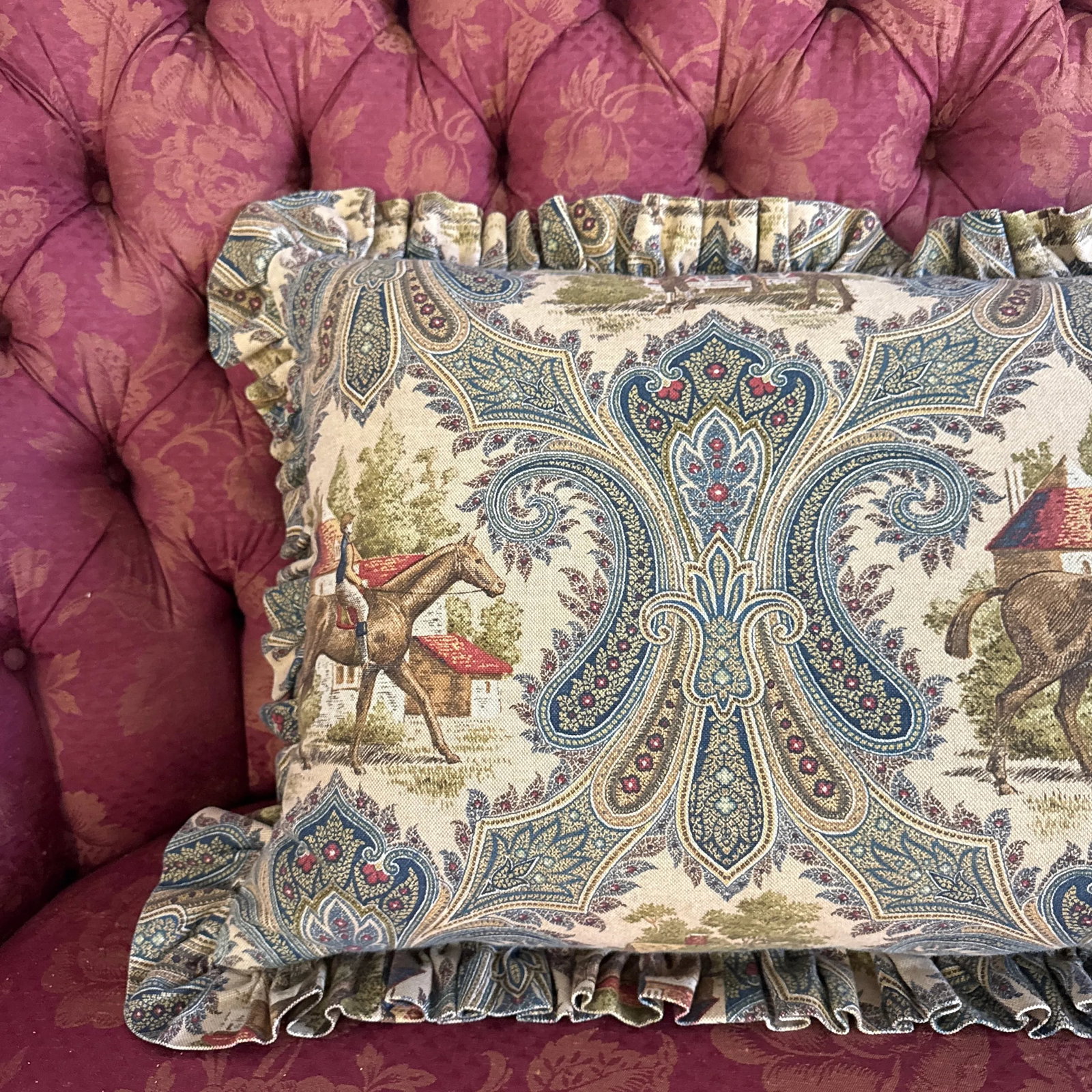 Large Equestrian Toile Down Filled Pillow - 5