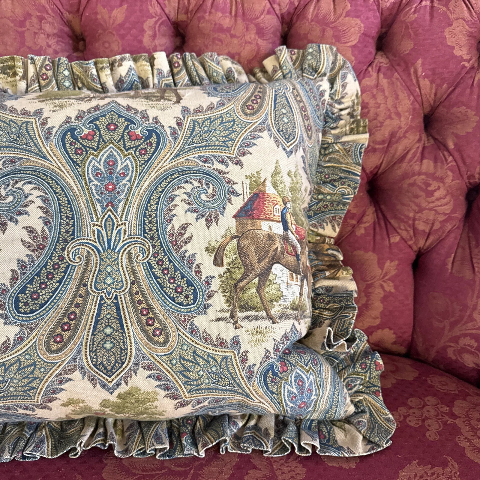 Large Equestrian Toile Down Filled Pillow - 7
