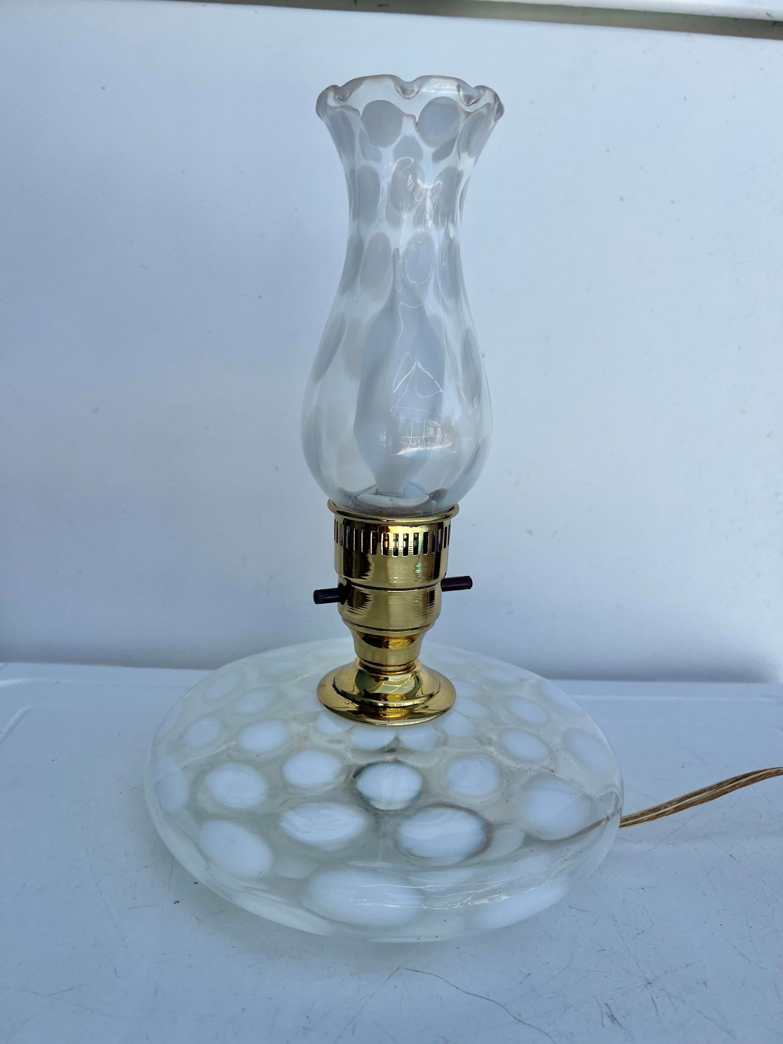 Vintage Pair of White Coin Dot Glass Pancake Fenton Boudoir Style Lamp - 2 - 2