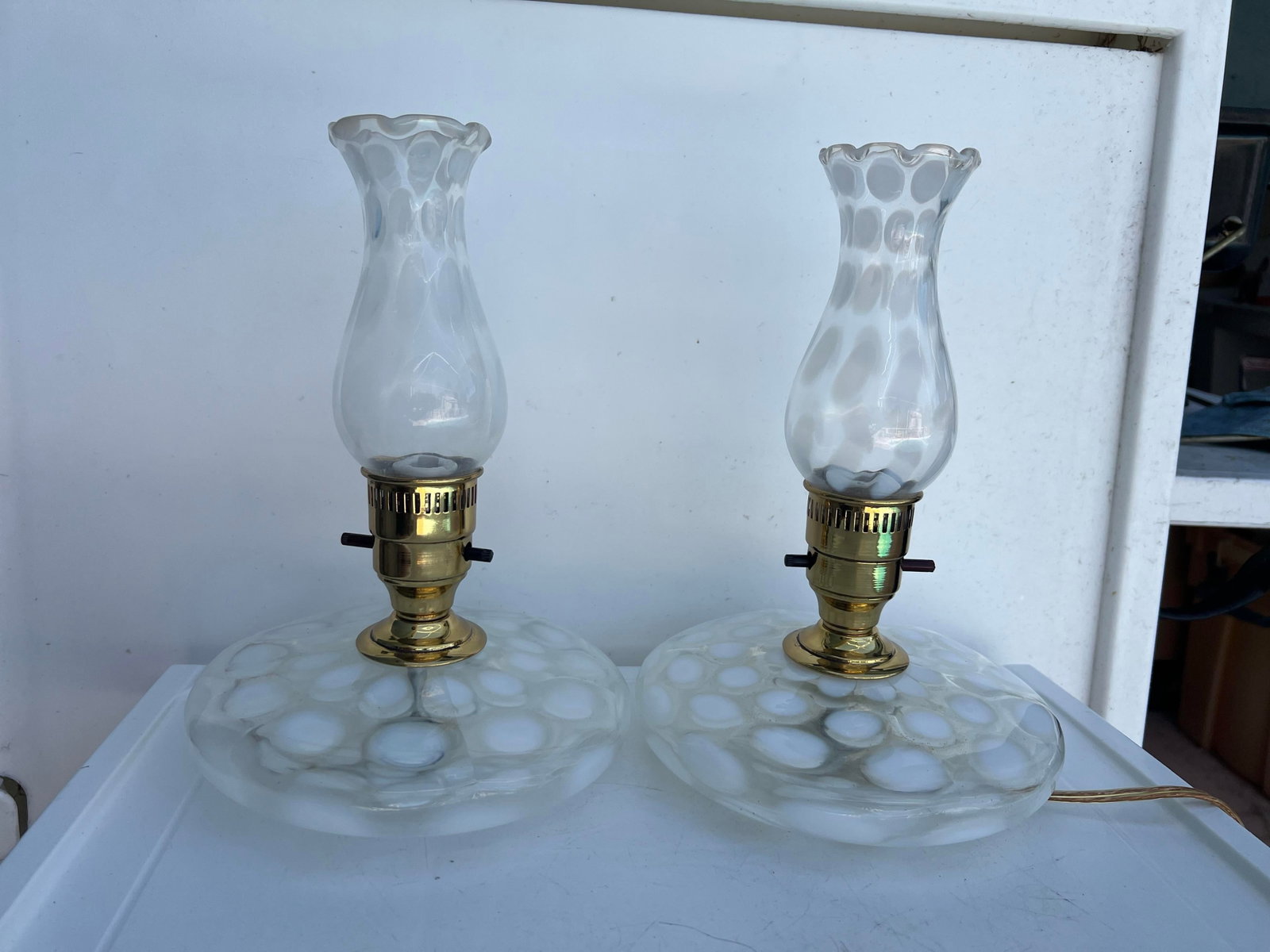 Vintage Pair of White Coin Dot Glass Pancake Fenton Boudoir Style Lamp - 2 - 3