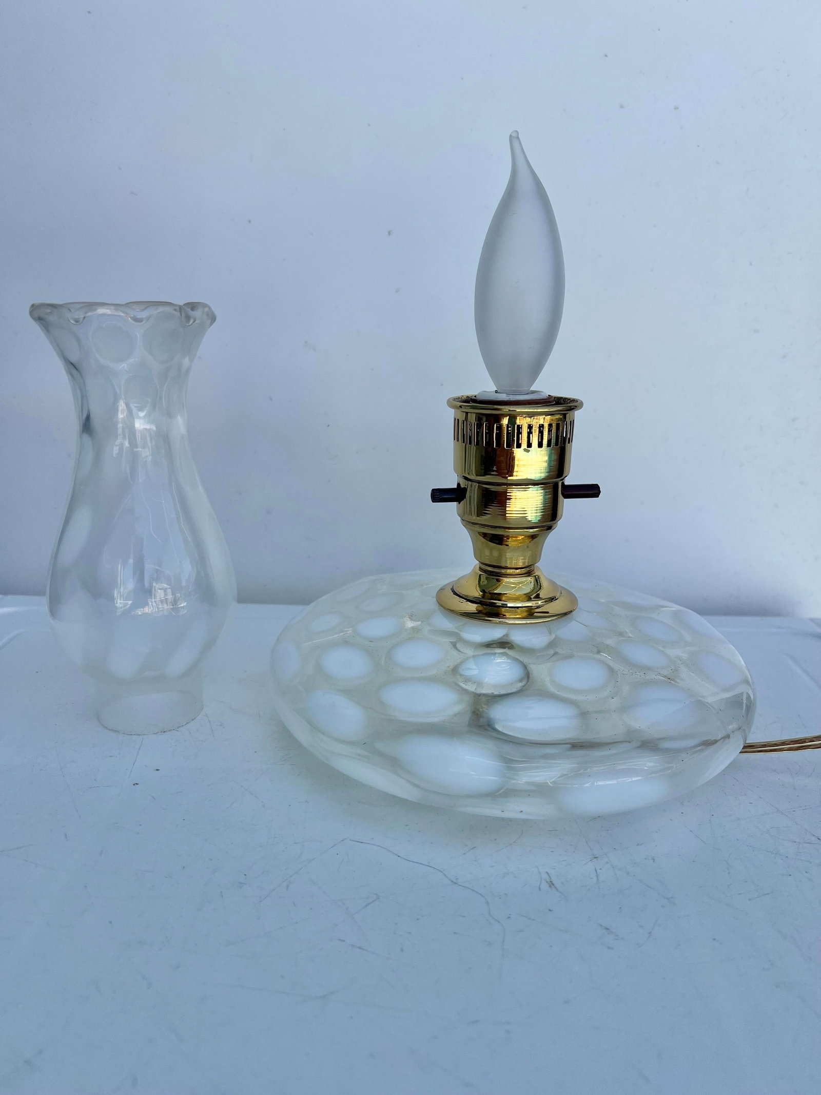 Vintage Pair of White Coin Dot Glass Pancake Fenton Boudoir Style Lamp - 2 - 4