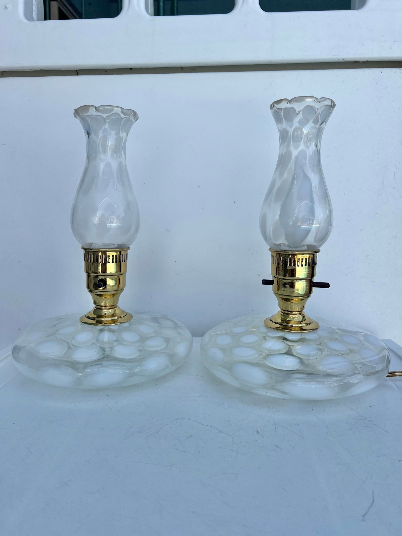 Vintage Pair of White Coin Dot Glass Pancake Fenton Boudoir Style Lamp - 2 - 5
