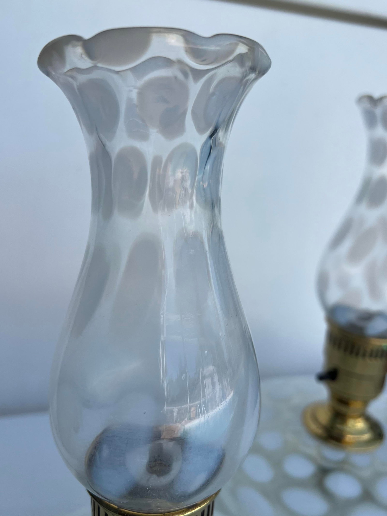 Vintage Pair of White Coin Dot Glass Pancake Fenton Boudoir Style Lamp - 2 - 6