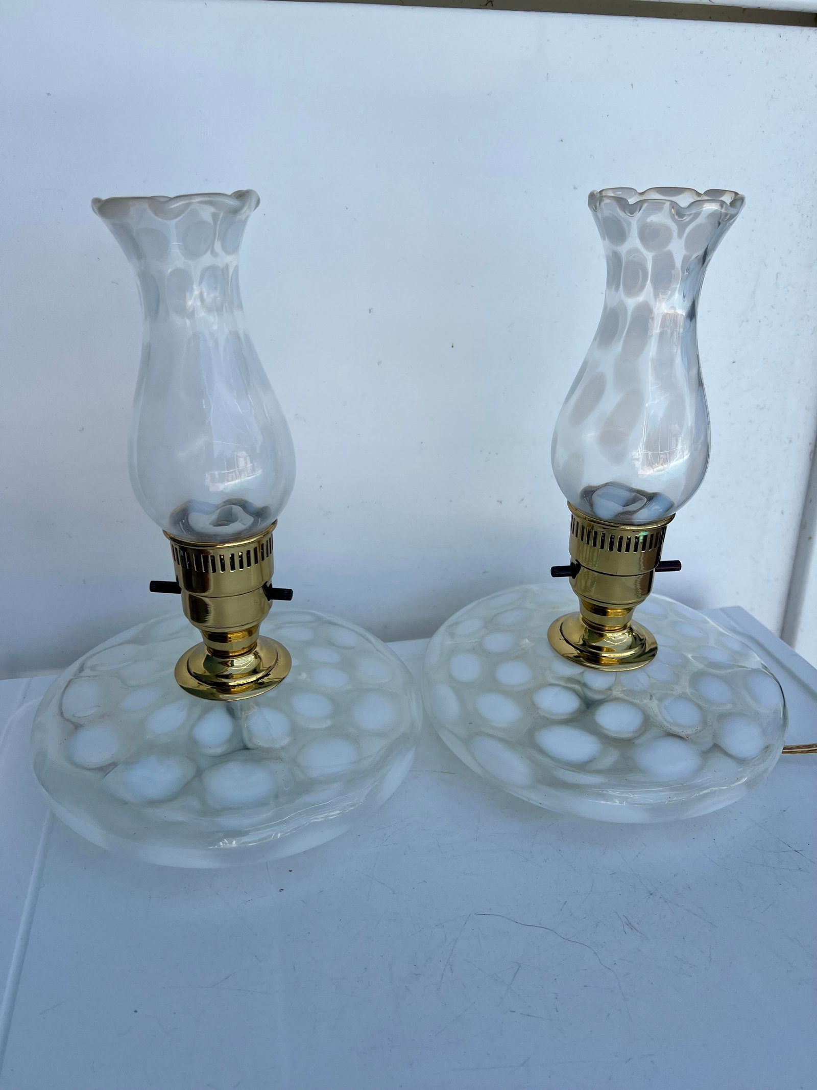Vintage Pair of White Coin Dot Glass Pancake Fenton Boudoir Style Lamp - 2 - 7