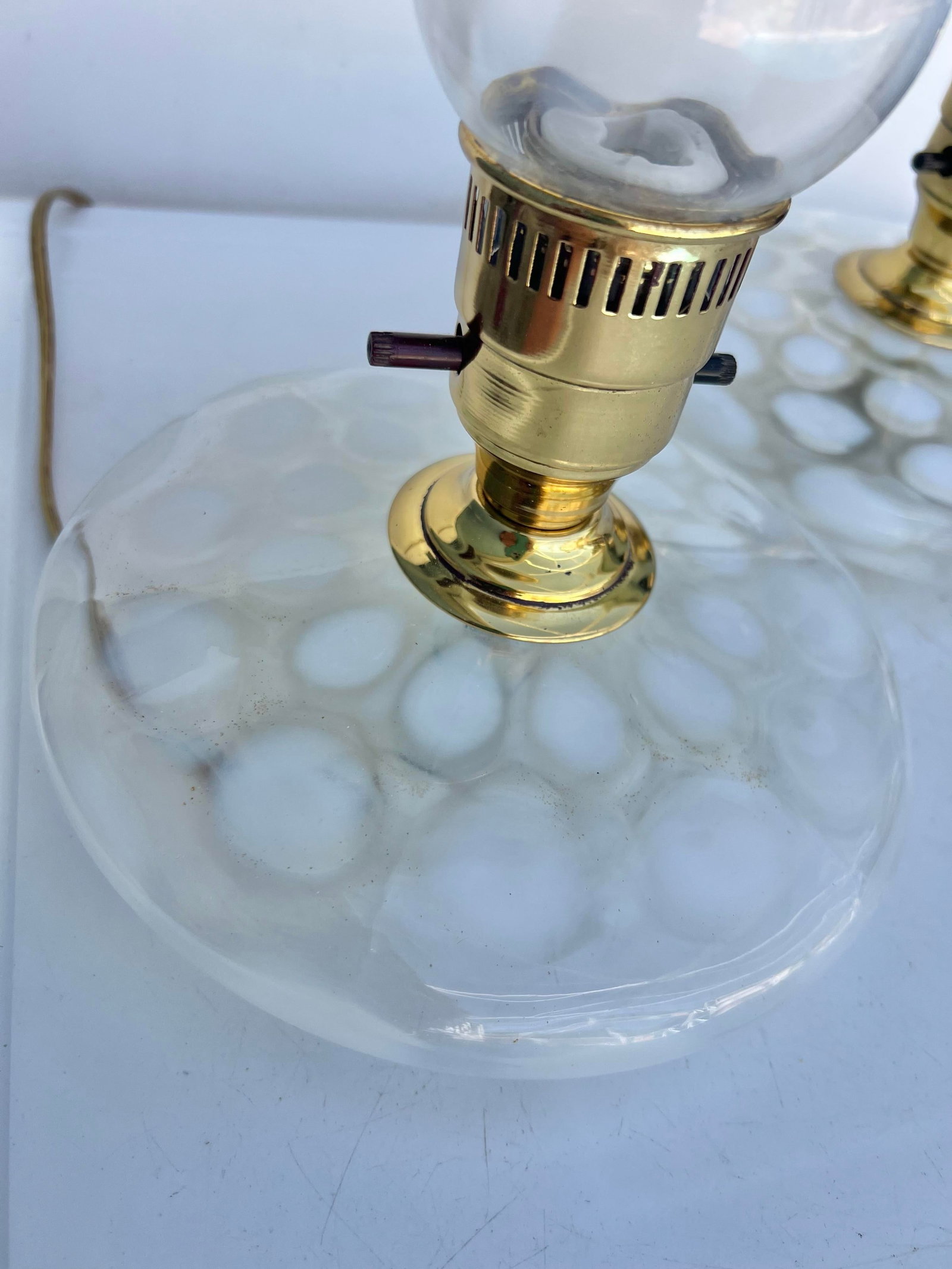 Vintage Pair of White Coin Dot Glass Pancake Fenton Boudoir Style Lamp - 2 - 8