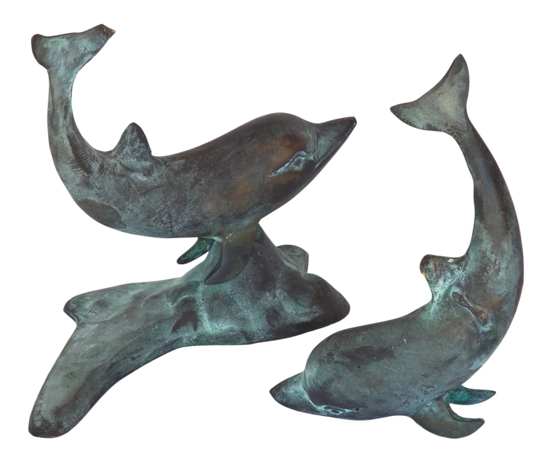 Mid 20th Century Bronze Dolphin Sculptures - Set of 2: Set of dolphins statues, one sits on a base, the other can be positioned as you wish. The one without base looks as though it may have had also had one.. 1st dolphins 7" L 6'H 2" wide. 2nd 8" 4"