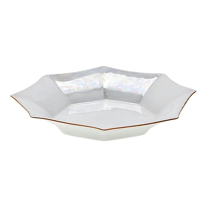 Vintage French Limoges Porcelain Pearlized Octagonal Serving Bowl: Limoges decorative bowl with octagonal side panels. Pearlized finished. Gold edging. Condition: Alterations: Original Condition Unaltered Imperfections: Some Imperfections Condition Notes: A tiny
