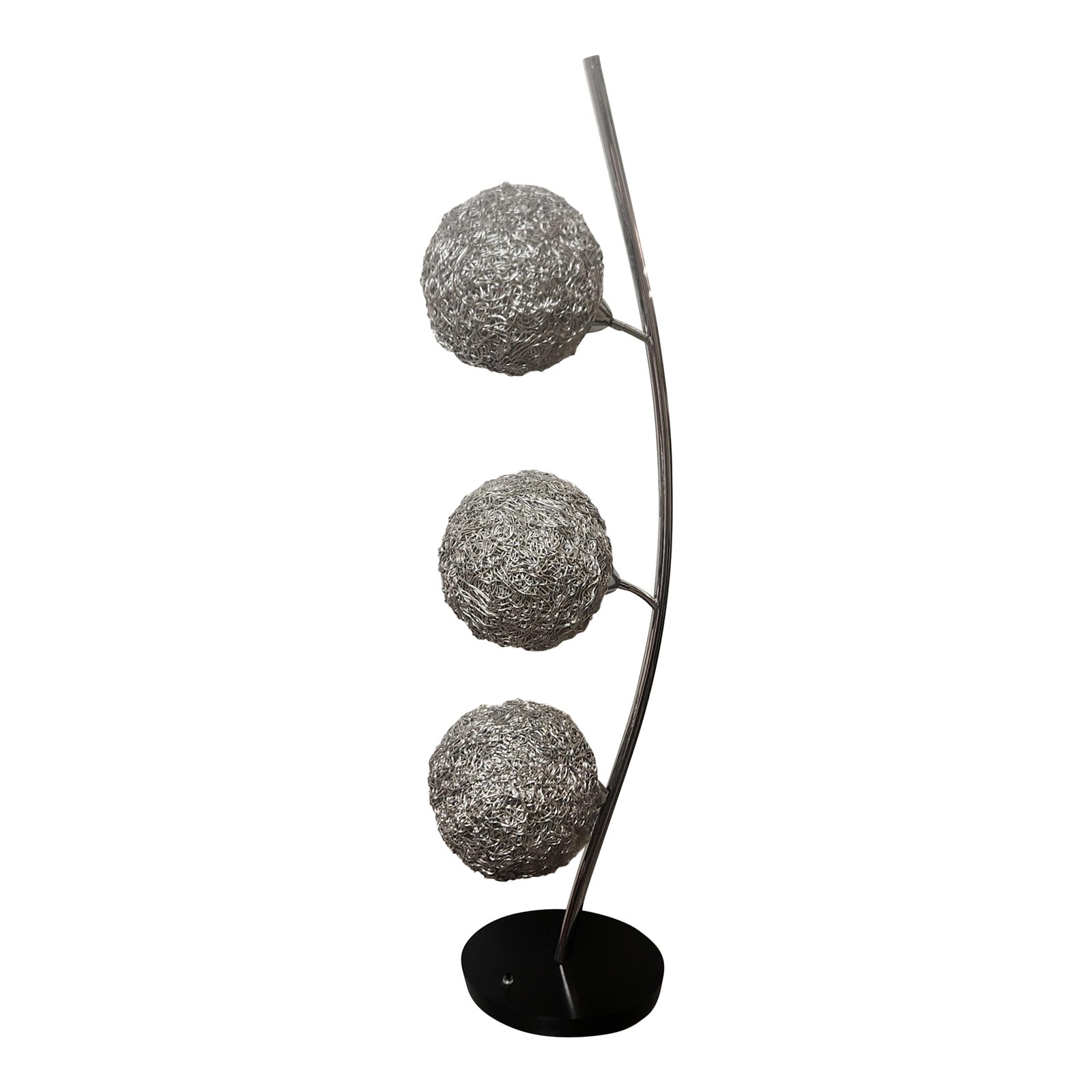 1960s Mid Century Modern Tall Silver Spaghetti Lamp: 1960s mid century modern "spaghetti" lamp, spun plastic shade covers which look like spaghetti, 43" tall arched chrome column with three attached round spaghetti shades, each can be rotated to dispers