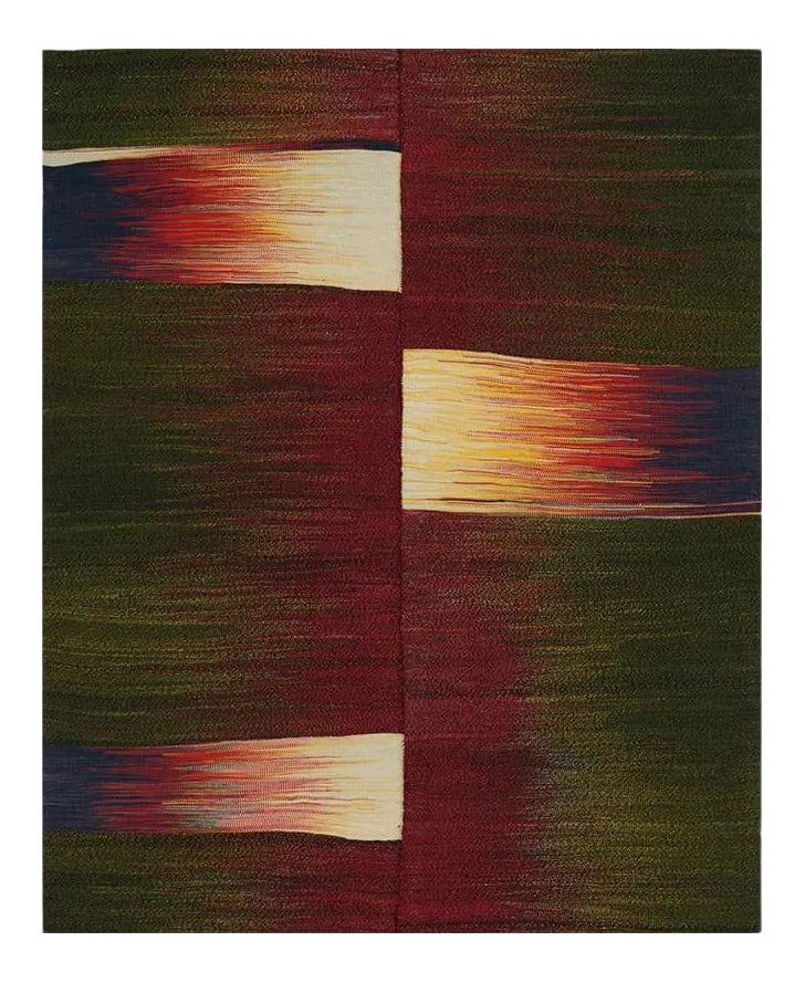 Handwoven Flatweave Stripe Pattern Scandinavian Style Kilim Rug 4'10" X 6'0'': This remarkable contemporary Persian Kilim area rug features a dramatic pop of electrifying colors in a playfully rich design. The innovative modern use of colors certainly brings a tantalizing