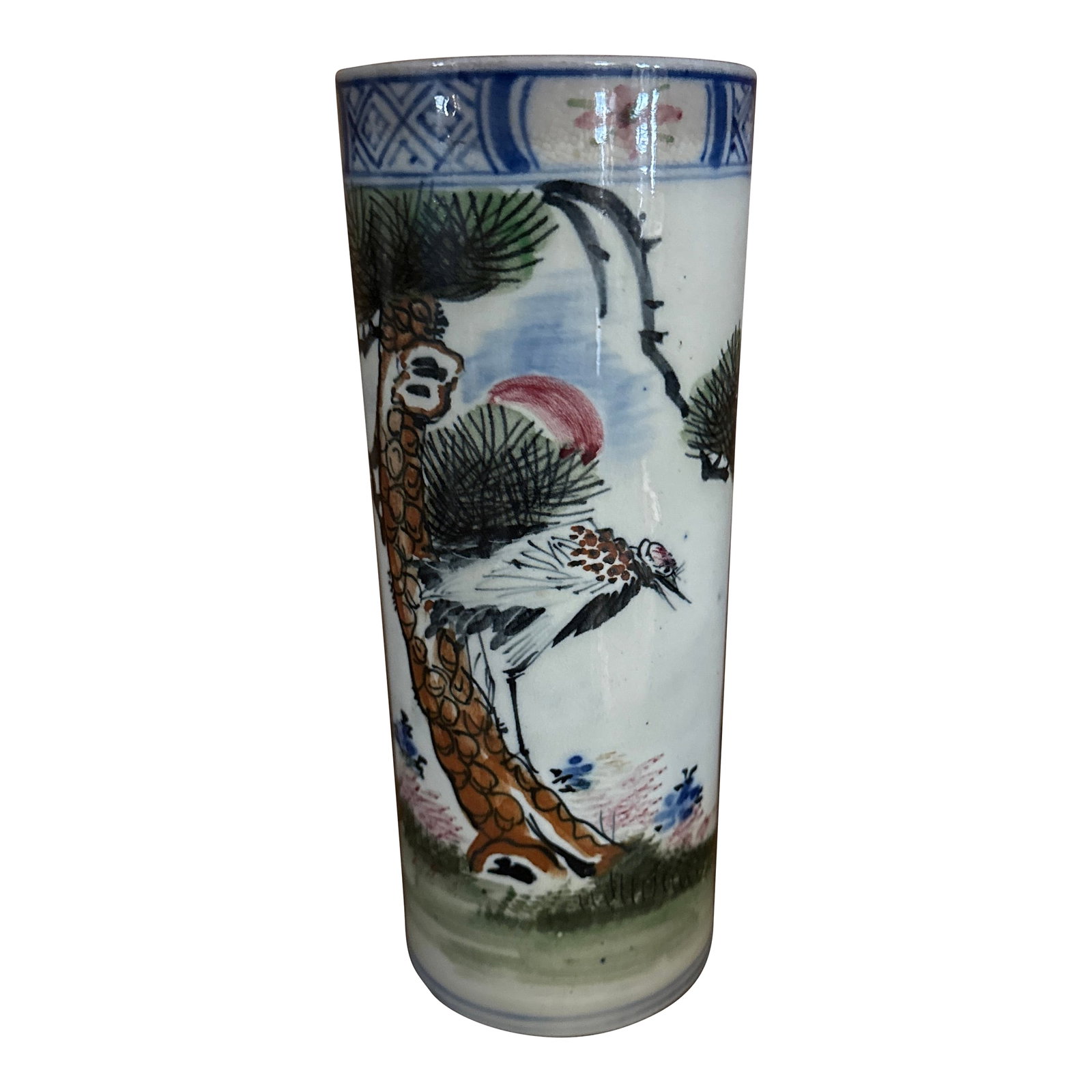 Late 19th Century Hand Painted Bird Vase: 9 inches tall x 3.5 inches wide cylindrical vase. Republic period hand painted ceramic natural scene. Condition: Alterations: Original Condition Unaltered Imperfections: Some Imperfections Condition