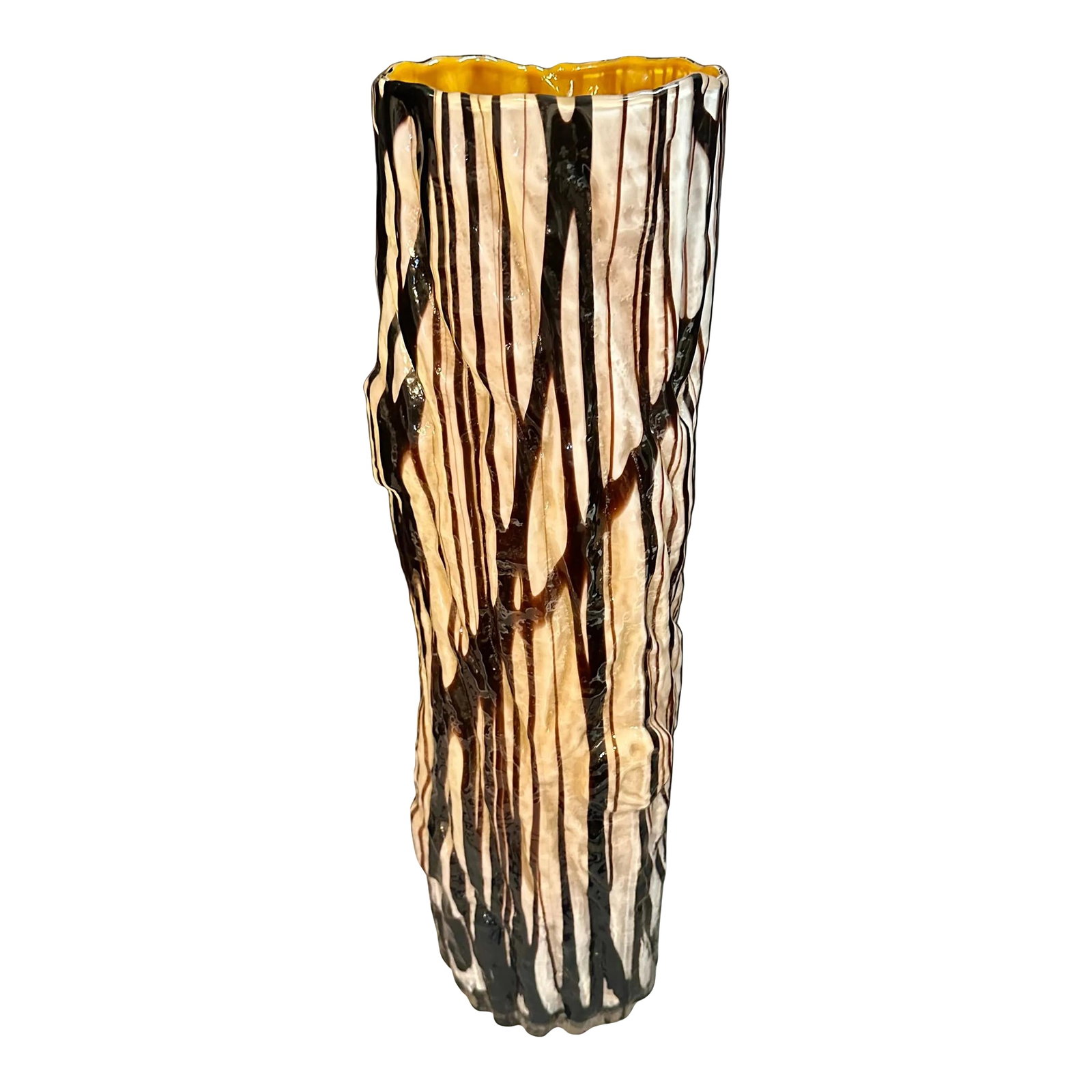 Tall 'Faux Bois' Glass Vase: Almost 3' tall this extraordinary glass encased vase is in the form of a tree trunk or log .A tall cylindrical vase with surface formed roughly to mimic a tree trunk 'with dark branches within the