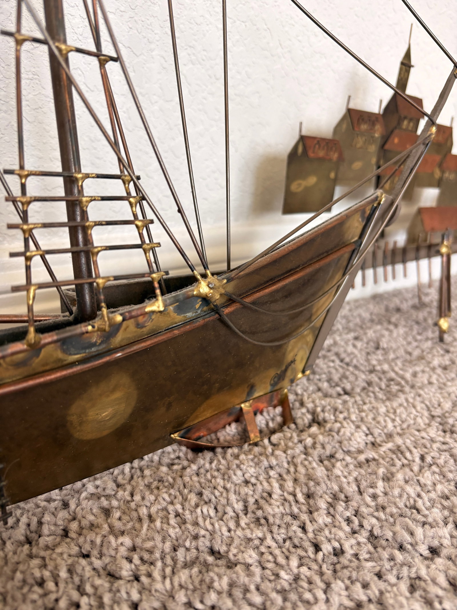 1970s Signed Curtis Jere Mid-Century Modern Sailing Ship & Harbor Village Wall Sculpture - 5