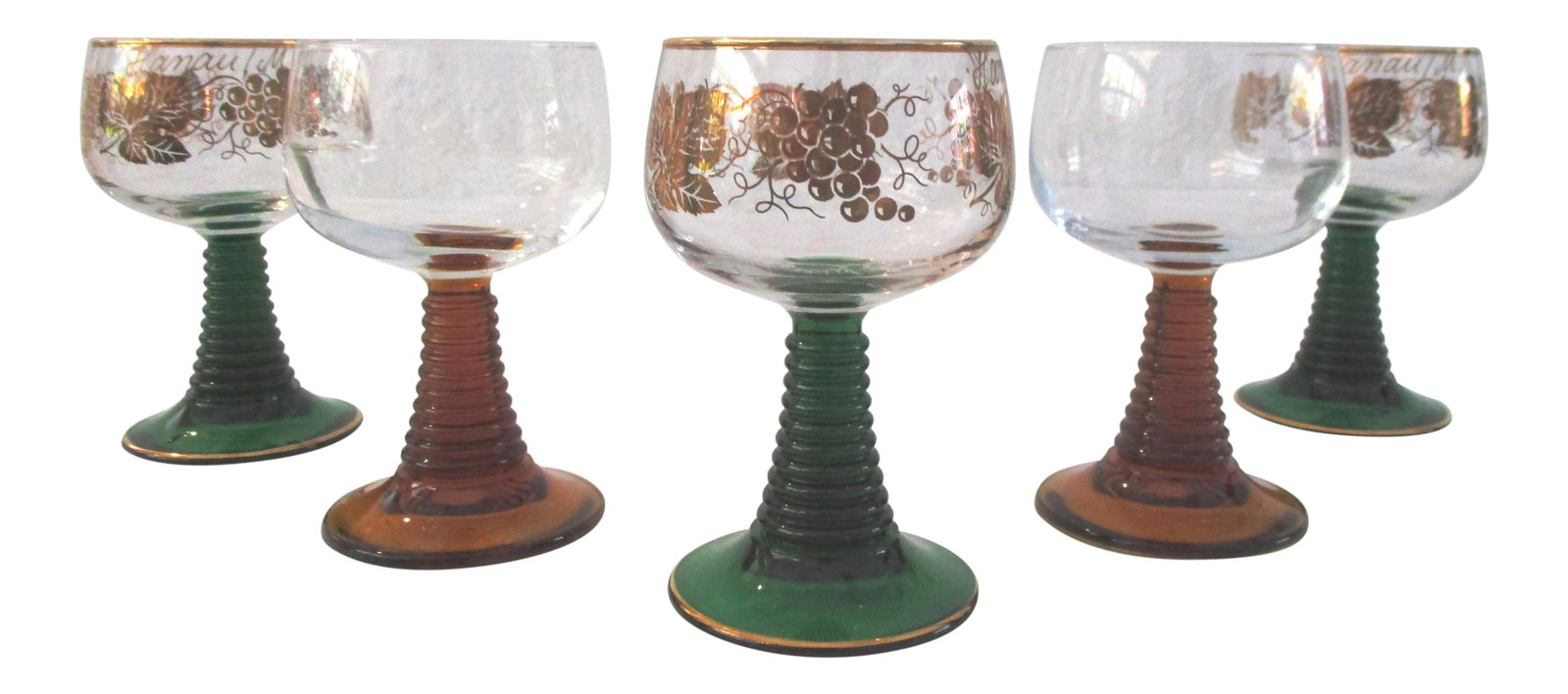 Mid-Century Roemer Wine Glasses, S/5: Lovely mid-century set of five Roemer wine glasses with beehive design stems. Set consists of two amber-shaded stems with clear glass bowls (4.5"H x 2.5"Dia), and three emerald green-shaded stems