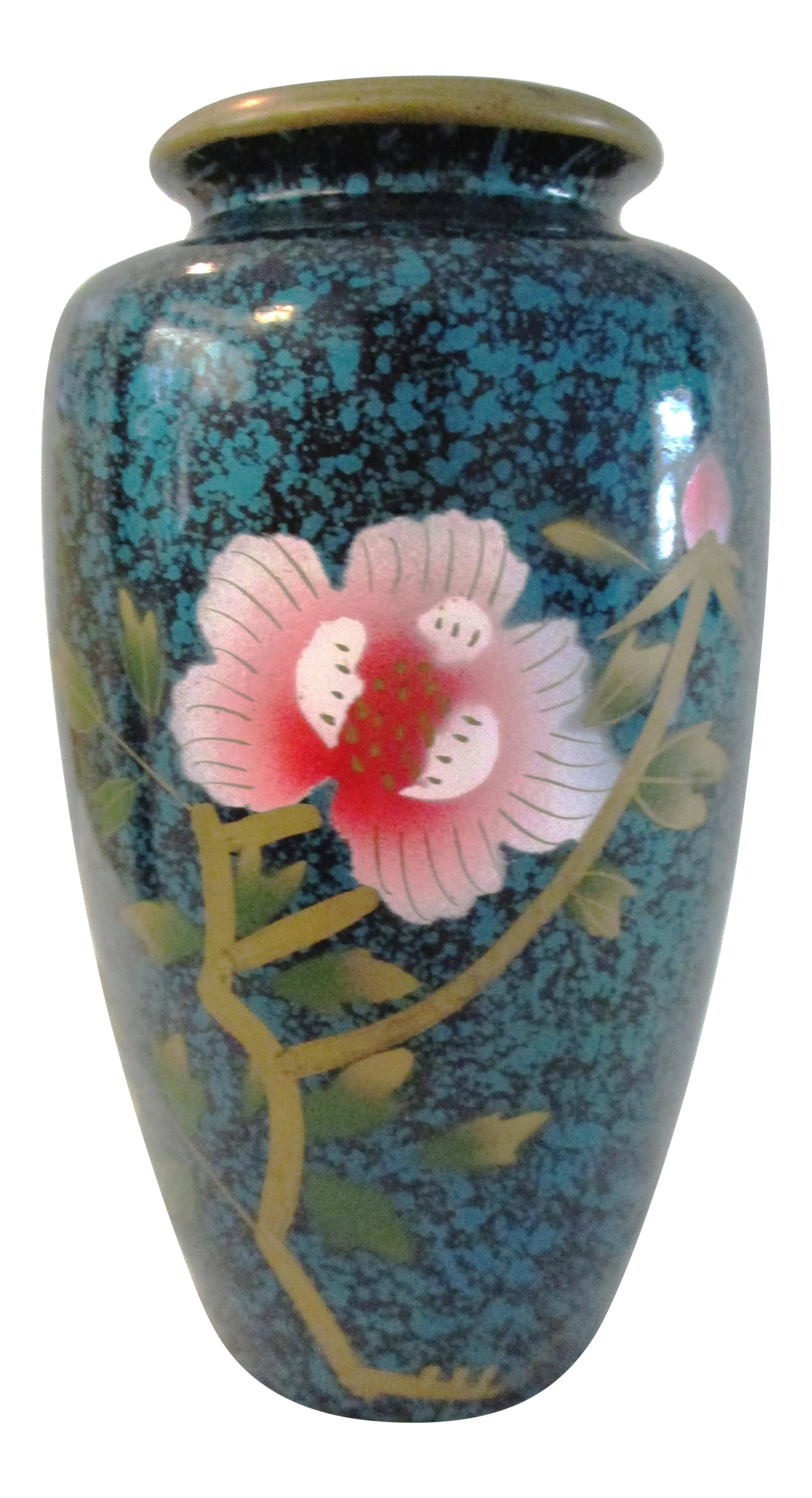 Mid-Century Japanese Enamelware Hand-Painted Cherry Blossom Vase: Striking Japanese ceramic vase featuring an enamel turquoise green and black background with a delicate hand-painted cherry blossom motif on face. Condition: Alterations: Original Condition Unaltered