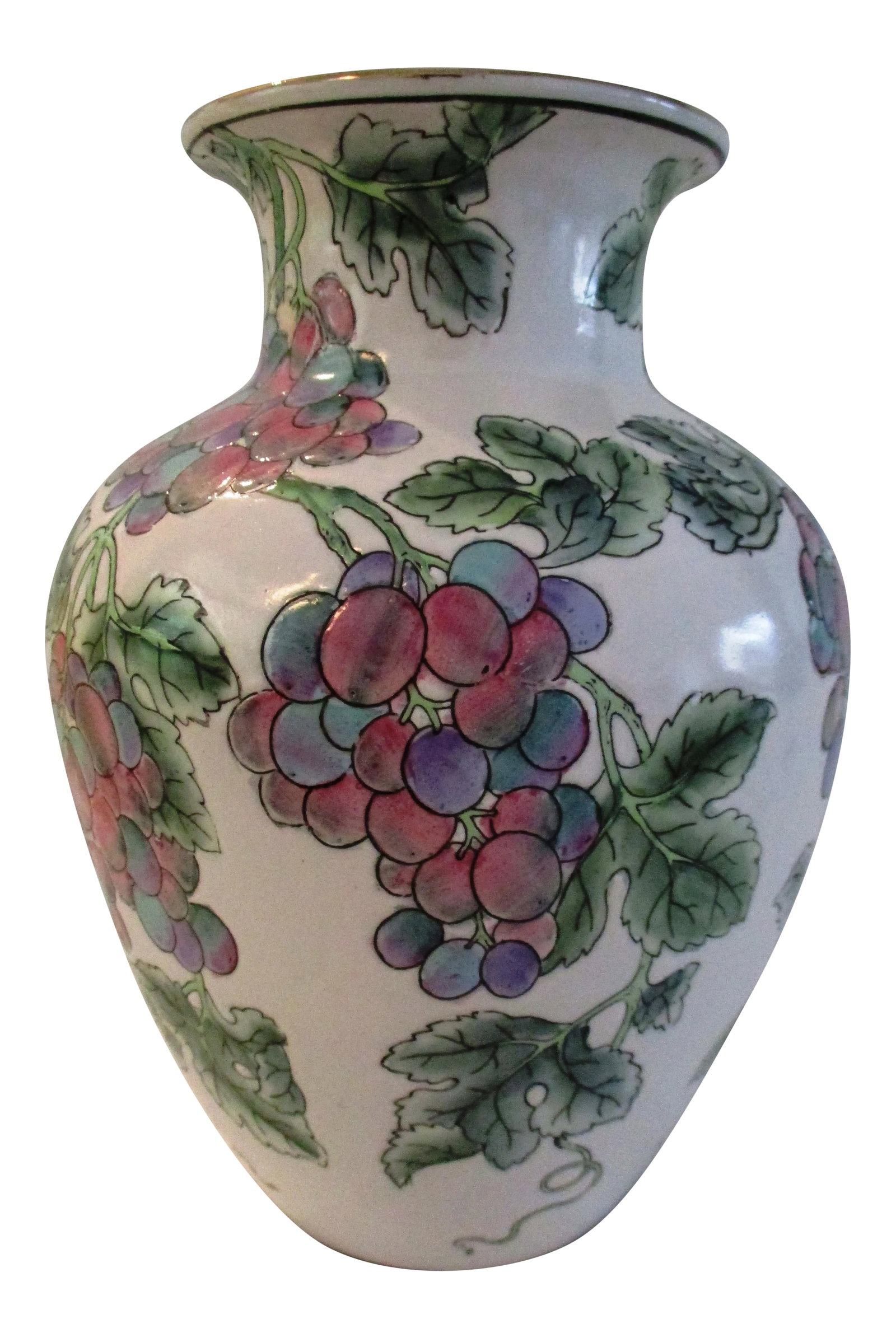 Vintage Harvest Grape Ceramic Vase: Lovely Vintage white ceramic Andrea by Sadek vase featuring a raised grape motif around perimeter in soft shades of lavender, blue, pink and green with gold rim. Original label underside. Excellent