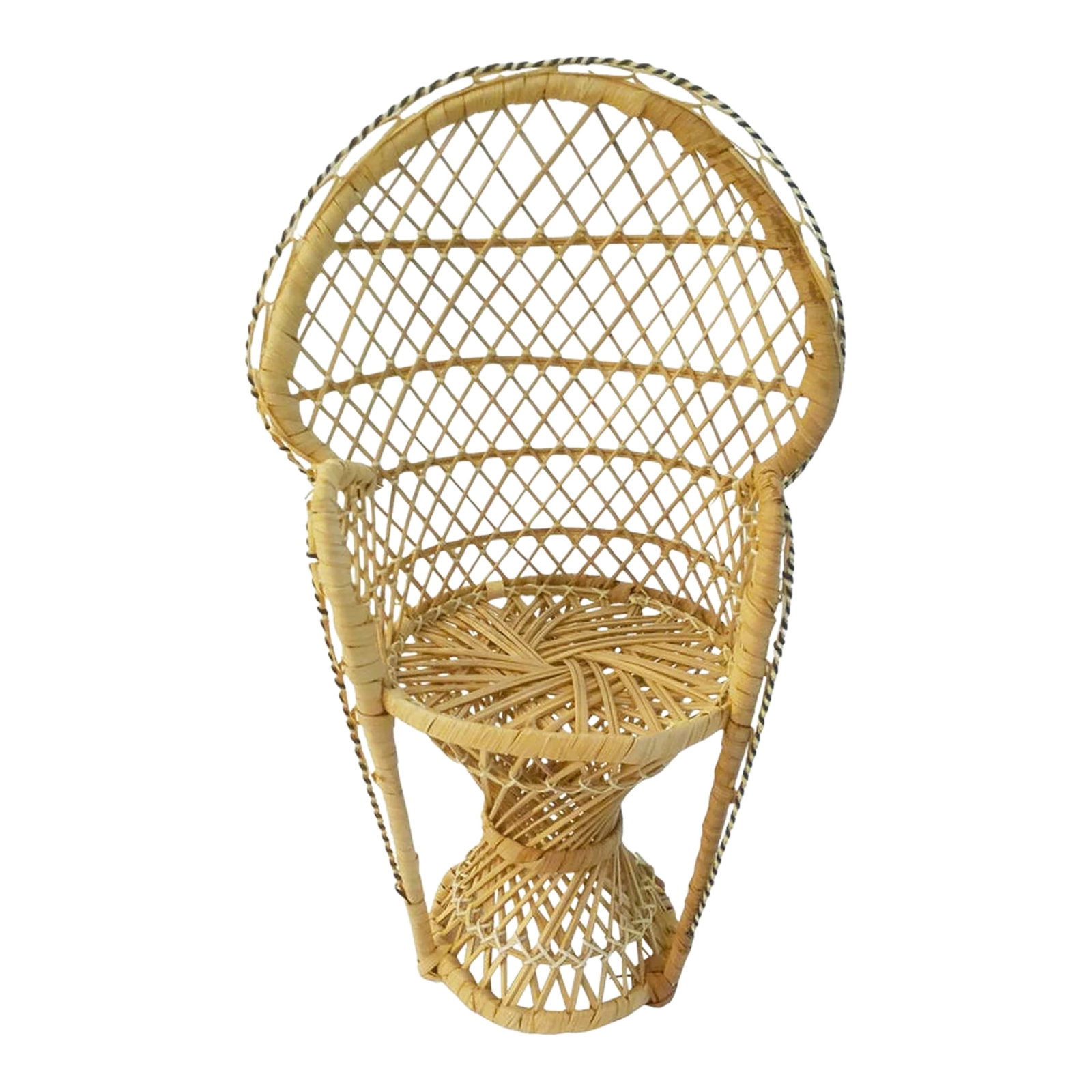 1970s Wicker Peacock Chair Plant Stand: Charming vintage wicker plant stand in a fan chair design. Excellent condition. Condition: Alterations: Original Condition Unaltered Imperfections: Some Imperfections Condition Notes: minor wear