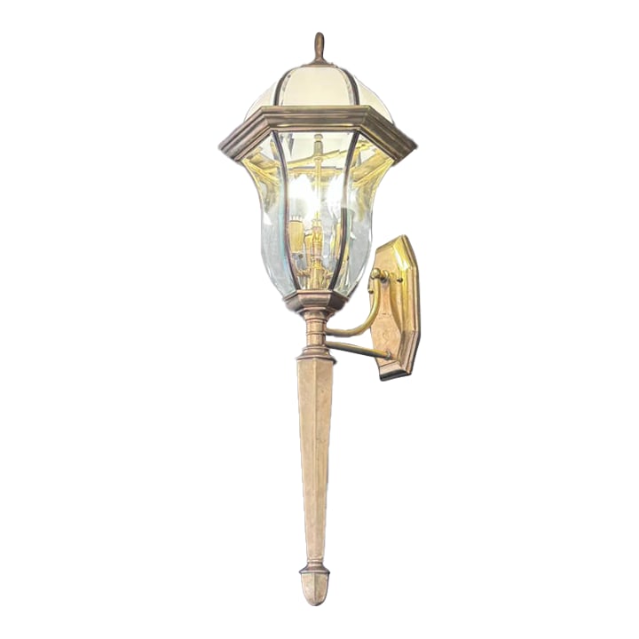 Vintage Solid Brass 3-Light Coach Lantern Wall Sconces - Frosted Dome - a Pair: Made in Hong Kong | Frosted Dome | Colonial Revival A beautifully scaled pair of solid brass outdoor coach lantern sconces featuring a classic Colonial Revival silhouette with elegant tapered finials 