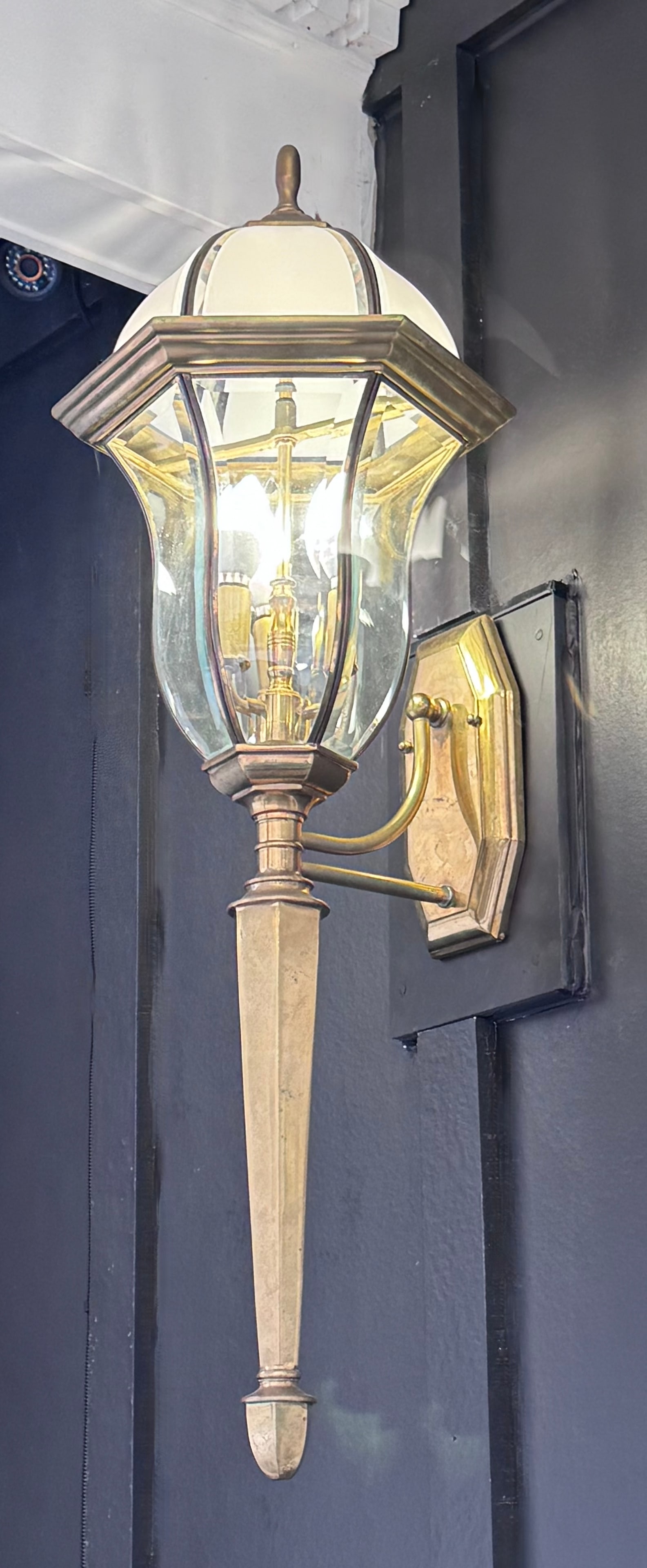Vintage Solid Brass 3-Light Coach Lantern Wall Sconces - Frosted Dome - a Pair - 2