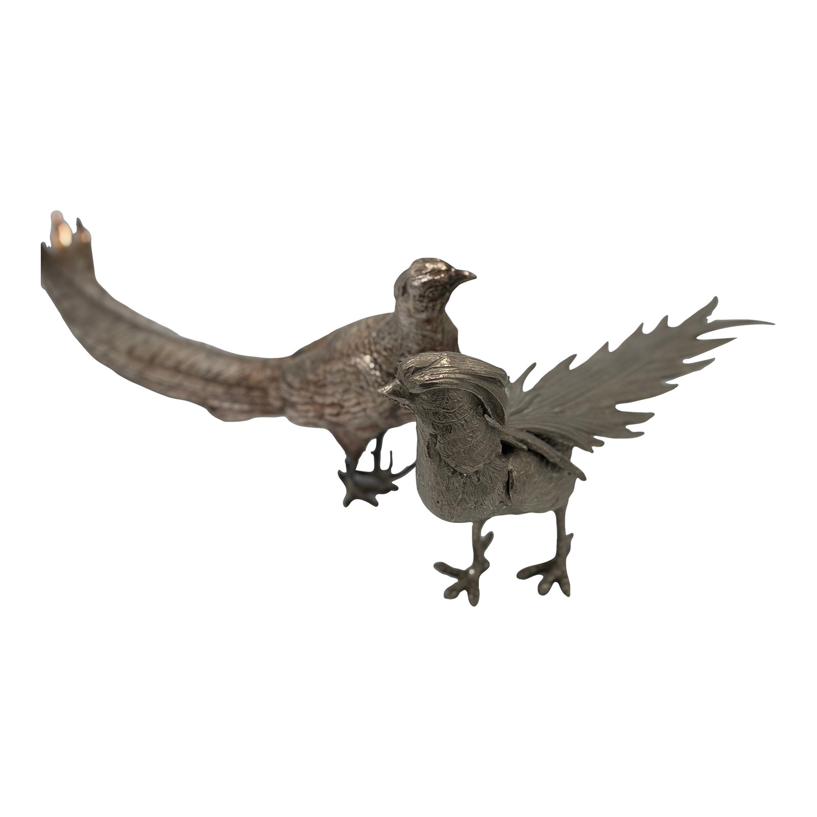 1980s A Pair of Silver Plate Table Pheasants: Perfect for the dining table, sideboard or Hall console or wall brsckets. These male and female silverplate pheasant would add that special something to your decor Condition: Alterations: Original