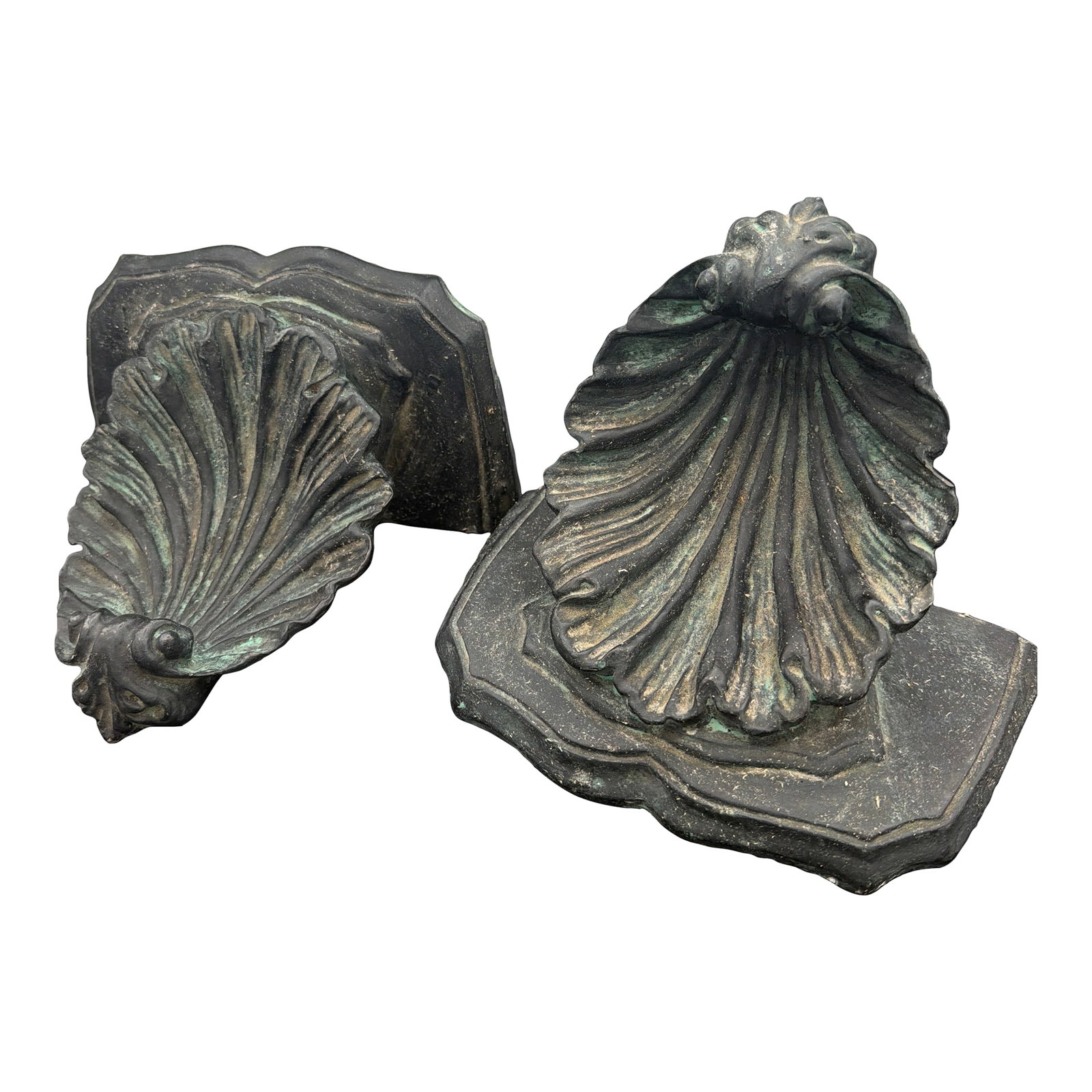 1980s A Pair of Heavy Plaster Wall Brackets With a Shell Motif: A very solid pair of wall brackets made out of plaster and painted dark gray to black with green highlights Condition: Alterations: Original Condition Unaltered Imperfections: Some Imperfections