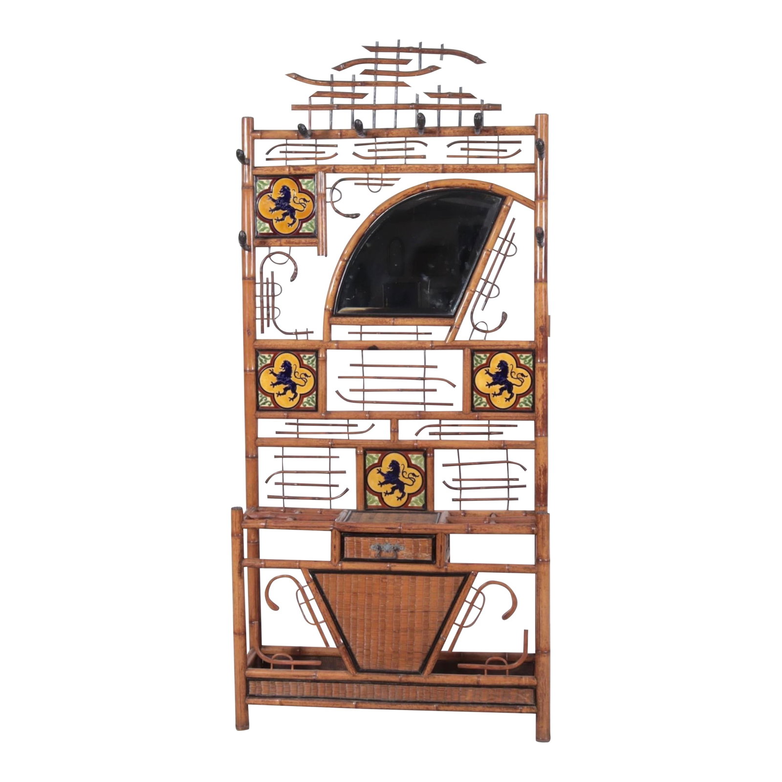Late 19th Century Brighton Pavilion Arts and Crafts Chinoiserie Style Hall Tree Umbrella Stand With: A delightful pair of Brighton Pavillion Style Chairs. With Lattice back with woven grass panels. Dimensions 42.5" H* 22.5" W*22.5"D Finish damaged, bamboo cracking in places, chips, losses of small