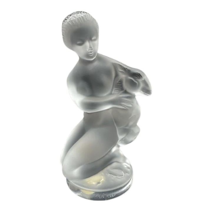 Late 20th Century Lalique France Diana Huntress Crystal Figurine-Art Deco-Mythology-Goddess-Statue: An elegant Lalique France crystal figurine depicting Diana the Huntress, goddess of the moon and the chase. Designed in the spirit of Rene Lalique's classical revival aesthetic, this frosted crystal