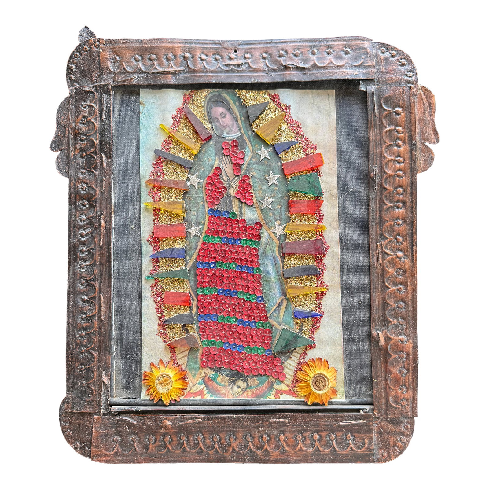 Mexican Devotional Nicho With Copper Angel Wing Frame: This vintage Mexican nicho shrine is a mixed-media devotional work assembled from metal, paper, and applied decorative elements including sequins, metallic trim, and fabric. Pieces like this were trad