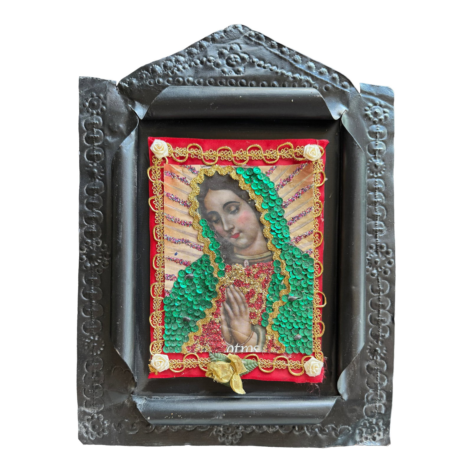 Mexican Devotional Nicho With Black Curled & Pressed Tin Frame: This vintage Mexican nicho shrine is a mixed-media devotional work assembled from metal, paper, and applied decorative elements including sequins, metallic trim, and fabric. Pieces like this were trad