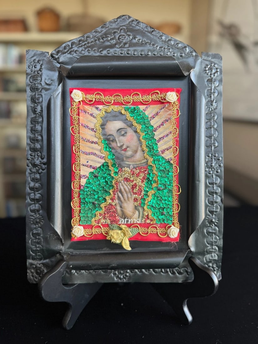 Mexican Devotional Nicho With Black Curled & Pressed Tin Frame - 2
