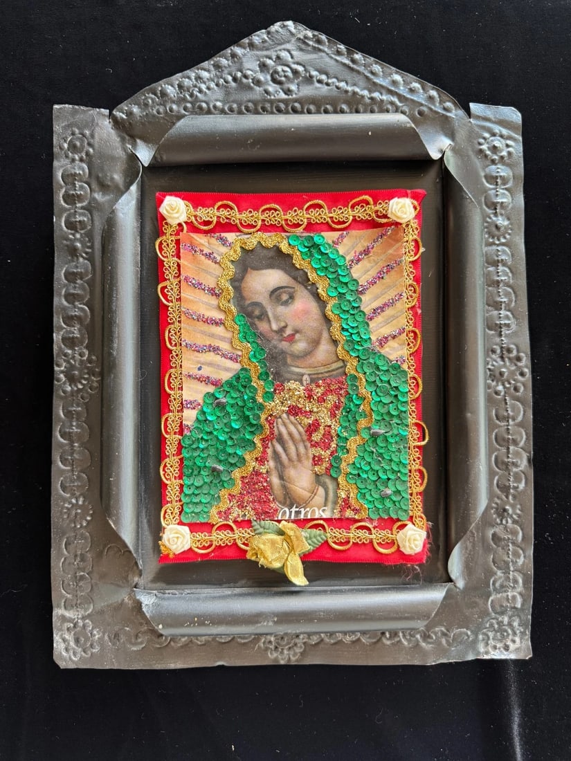 Mexican Devotional Nicho With Black Curled & Pressed Tin Frame - 5