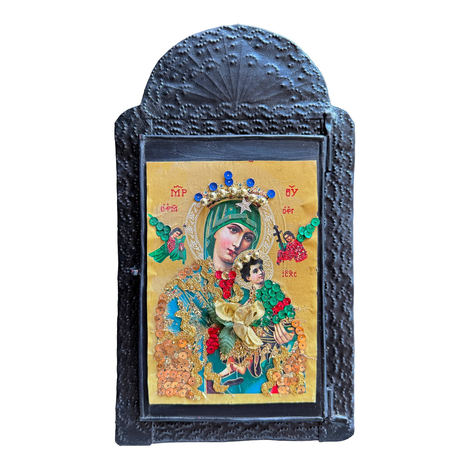 Mexican Devotional Nicho With Black Arched Pressed Tin Frame: This vintage Mexican nicho shrine is a mixed-media devotional work assembled from metal, paper, and applied decorative elements including sequins, metallic trim, and fabric. Pieces like this were trad