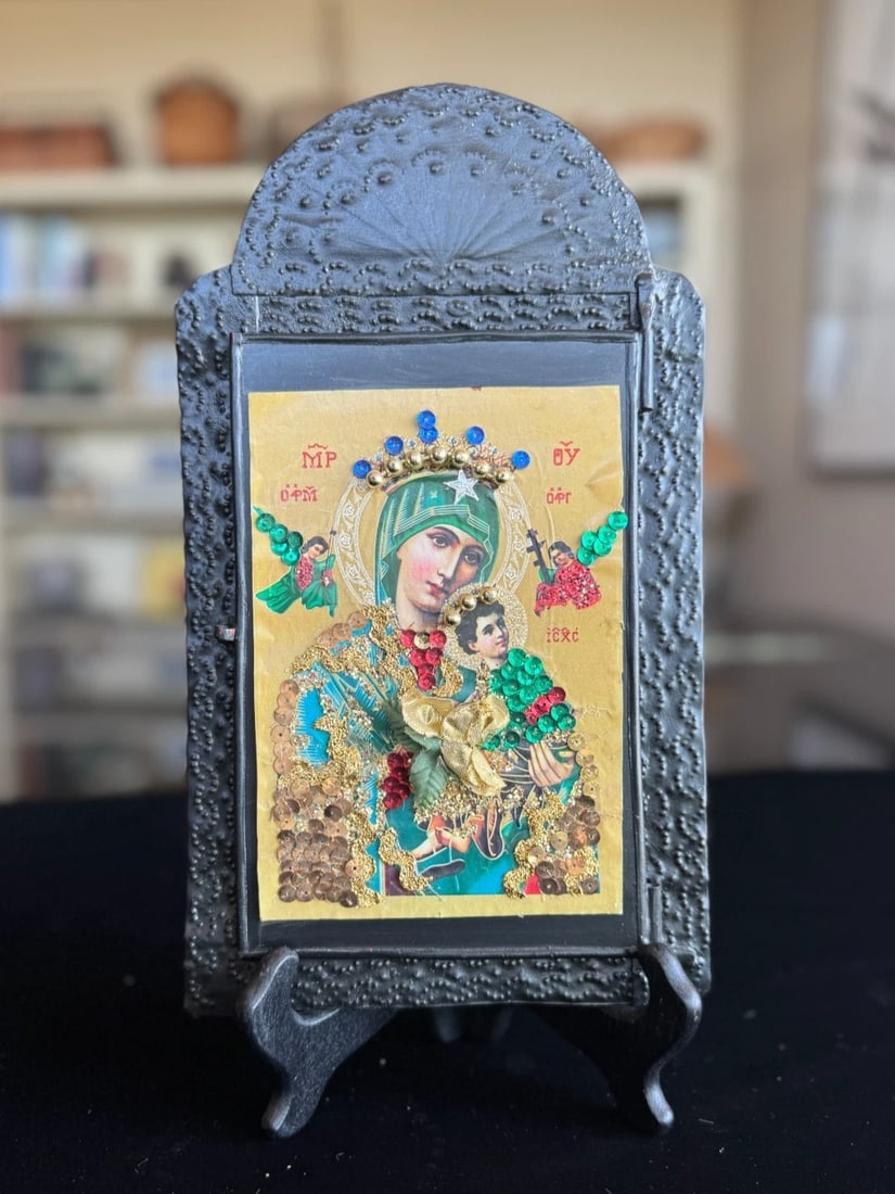Mexican Devotional Nicho With Black Arched Pressed Tin Frame - 2