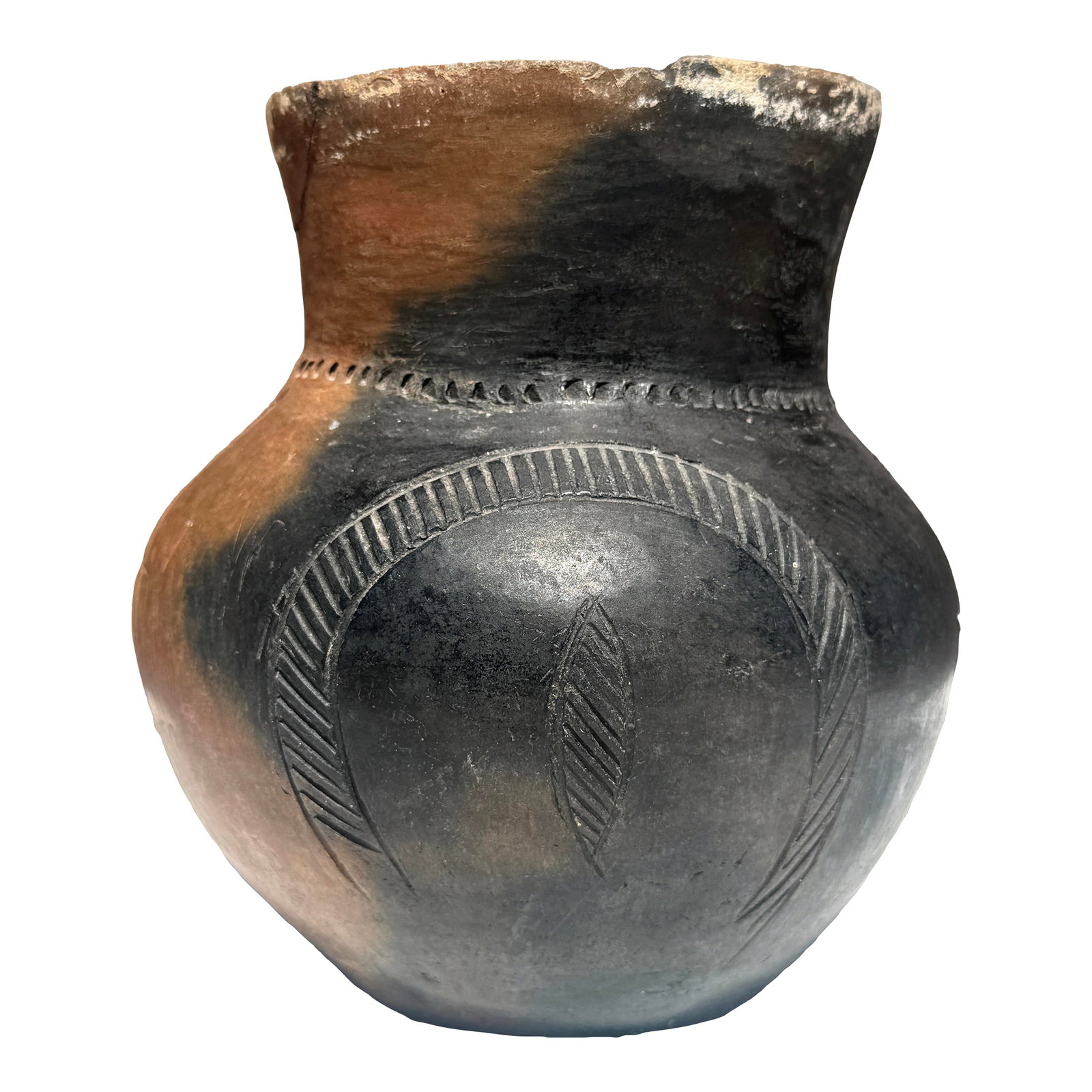 Sculptural African Burnished Earthenware Beer Vessel, Smoke-Fired With Incised Geometry, Early 20th: A sculptural hand-built earthenware vessel, traditionally formed using coil and paddle techniques and smoke-fired to achieve its distinctive surface. The pot carries a striking natural contrast betwee