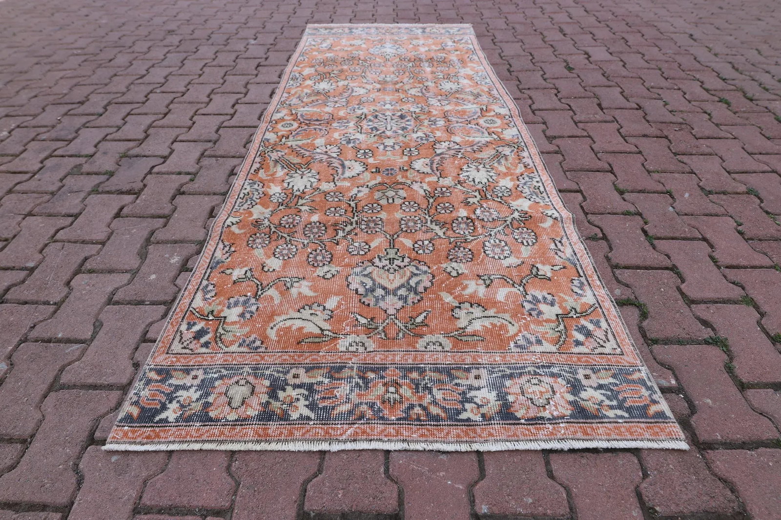 1970s Vintage Traditional Orange Floral Turkish Hand Knotted Oushak Area Rug - 10