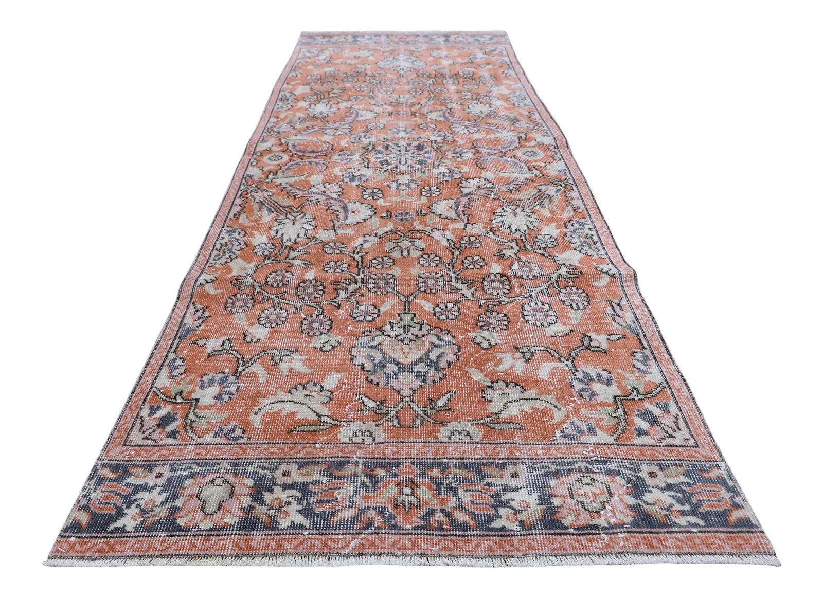 1970s Vintage Traditional Orange Floral Turkish Hand Knotted Oushak Area Rug: 1970s Traditional Turkish Hand Knotted Vintage Oushak Rug Size: 3.5 x 7.5 ft - 107 x 229 cm - 42 x 90 inches Color: Organic Natural Dye ( Red, Beige, Orange, Navy Blue ) Material: 100% Hand Spun Organ