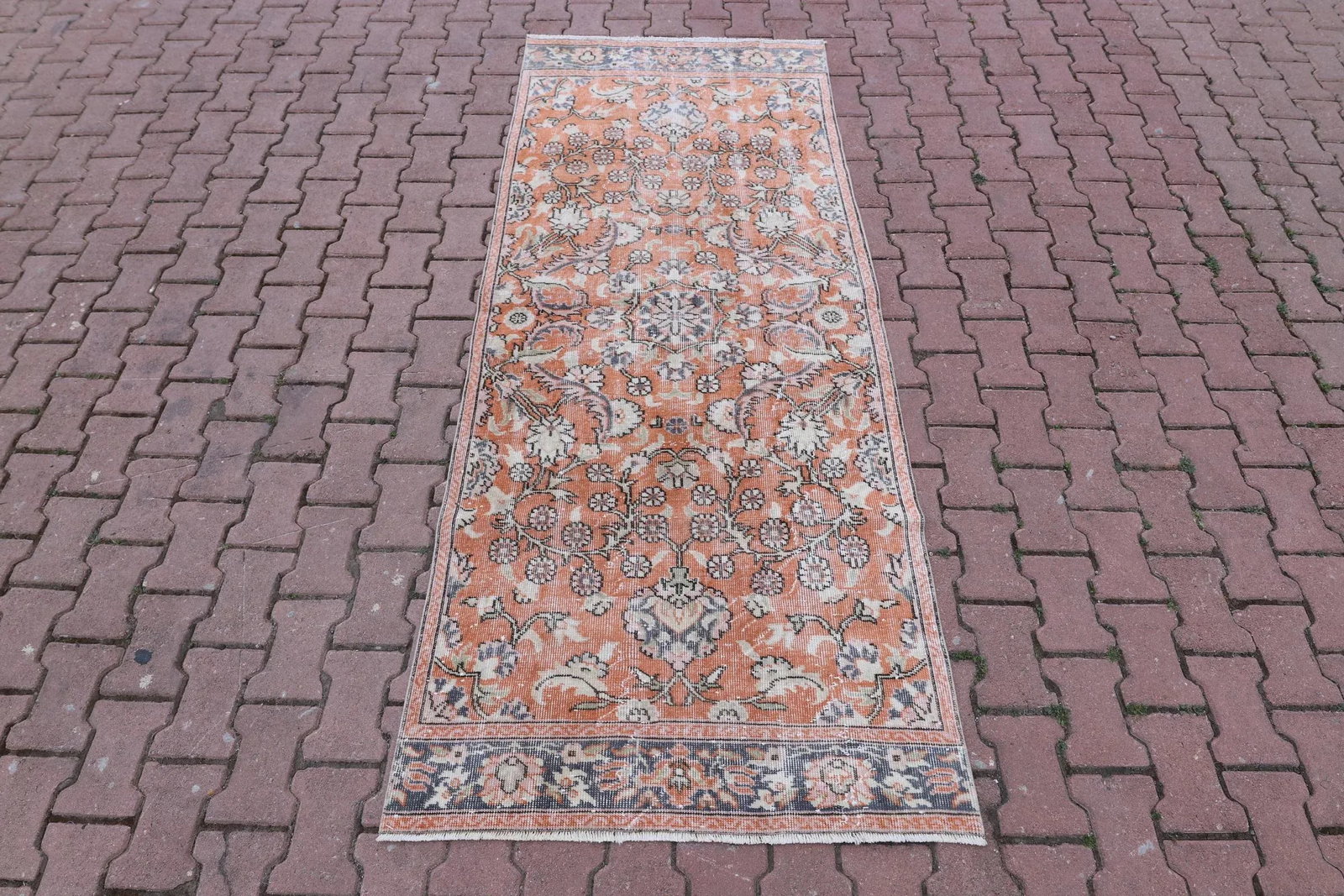 1970s Vintage Traditional Orange Floral Turkish Hand Knotted Oushak Area Rug - 2