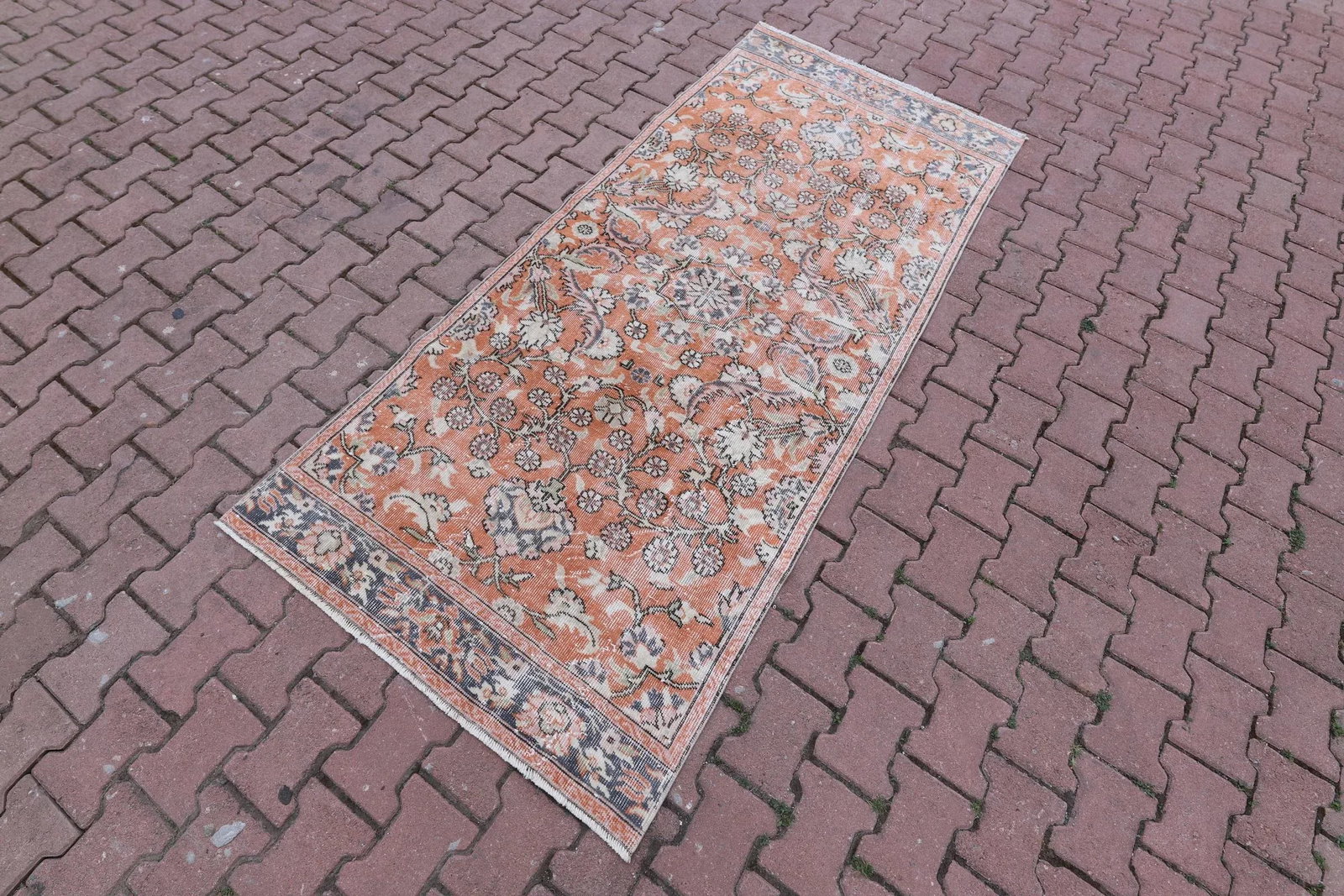 1970s Vintage Traditional Orange Floral Turkish Hand Knotted Oushak Area Rug - 3