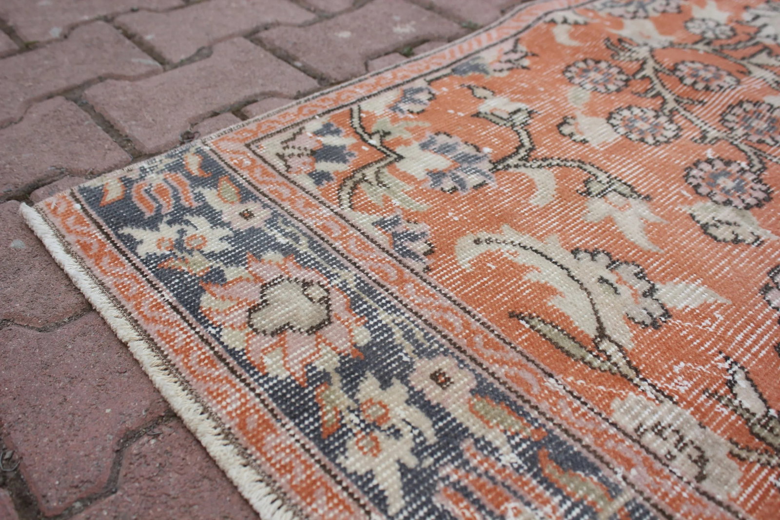 1970s Vintage Traditional Orange Floral Turkish Hand Knotted Oushak Area Rug - 5