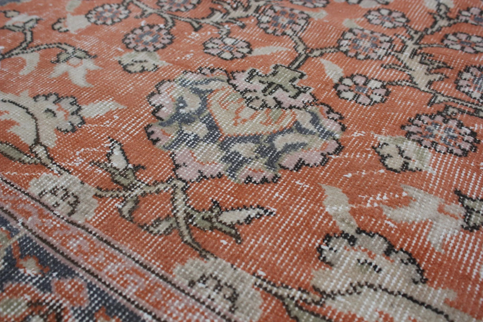 1970s Vintage Traditional Orange Floral Turkish Hand Knotted Oushak Area Rug - 6