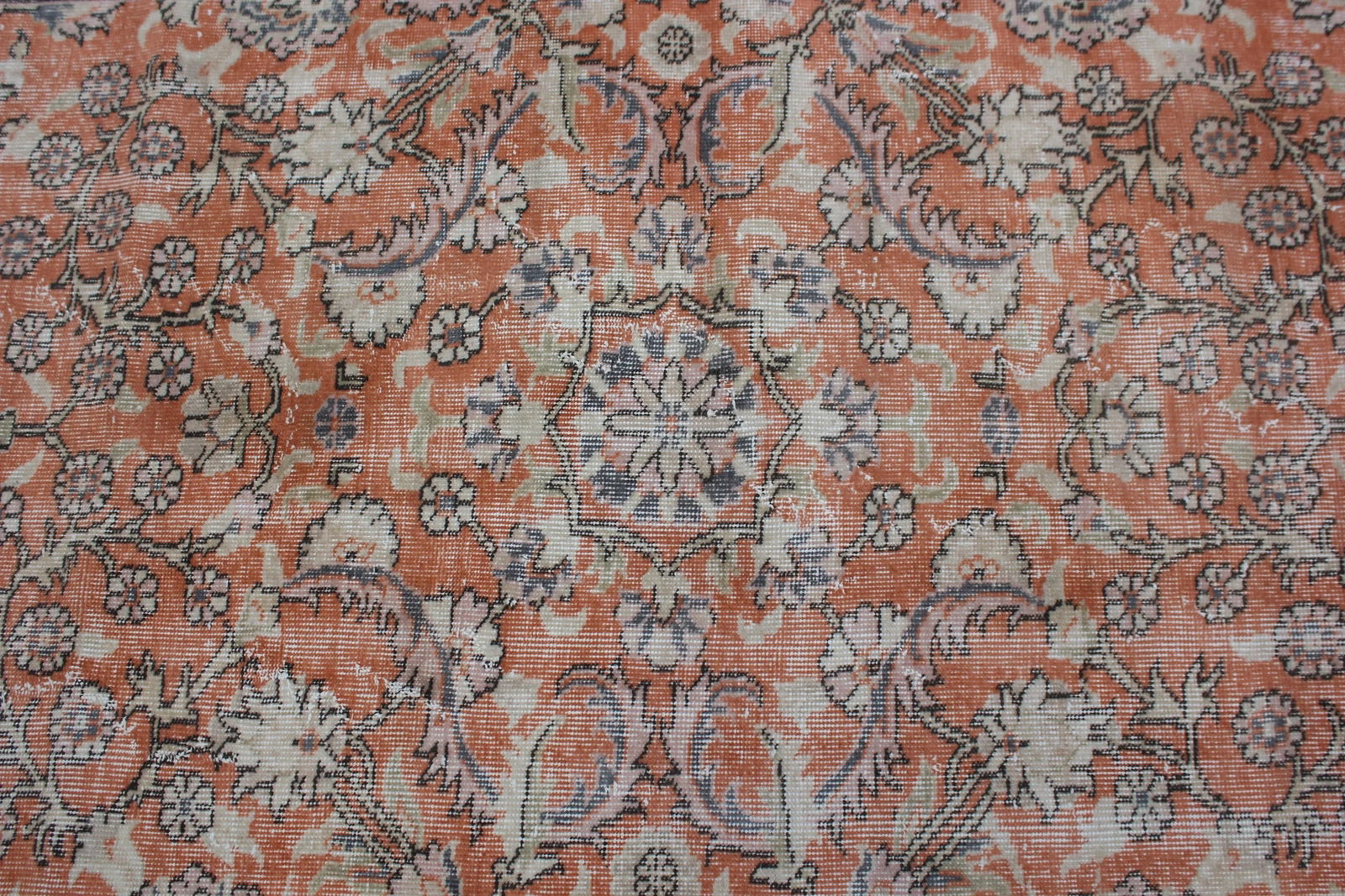 1970s Vintage Traditional Orange Floral Turkish Hand Knotted Oushak Area Rug - 7