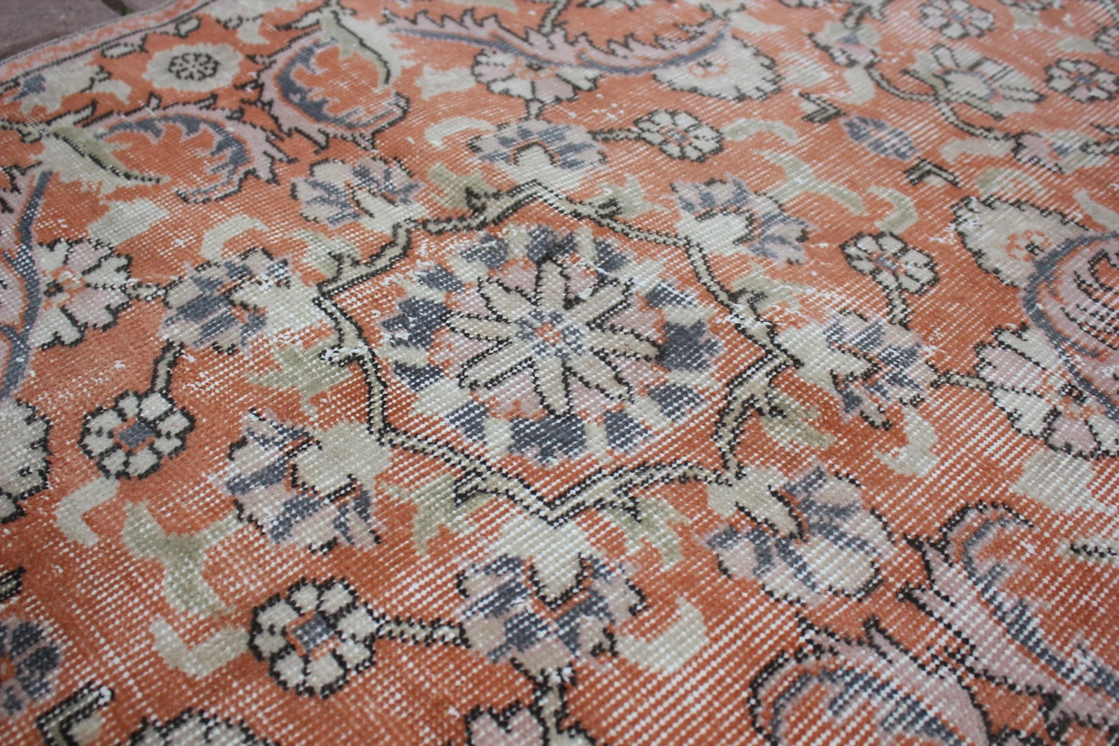 1970s Vintage Traditional Orange Floral Turkish Hand Knotted Oushak Area Rug - 8