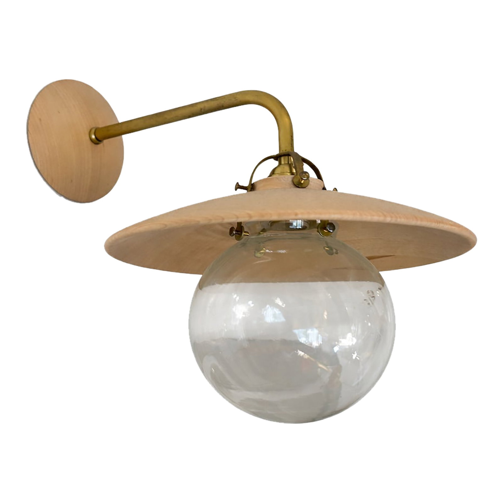 Mid-Century Modern Wood Shade Wall Sconce With Glass Globe: Wall-mounted sconce featuring a circular wood shade with a clear glass globe suspended beneath. The shade is flat and disc-shaped with visible wood grain and narrow cutout details along the edge. The