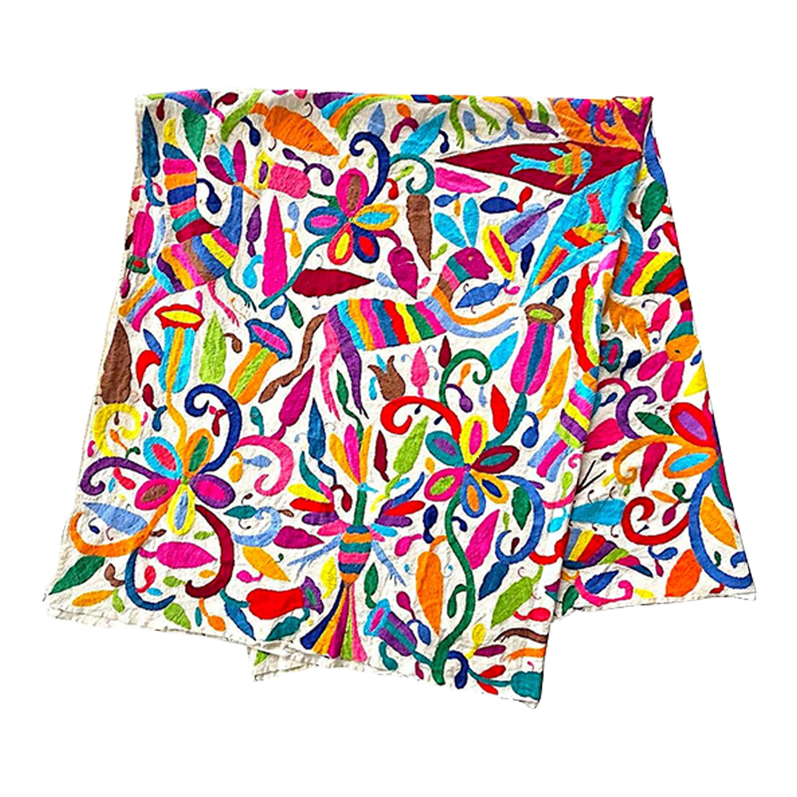 Vintage Mexican Otomi Hand Embroidered Textile Coverlet/Wall Hanging: Offered is a hand-embroidered Otomi/Tenango textile from the Hidalgo region of Mexico. The embroidery depicts stylized figures of flora and fauna centered around a large starburst in vibrant colors. T